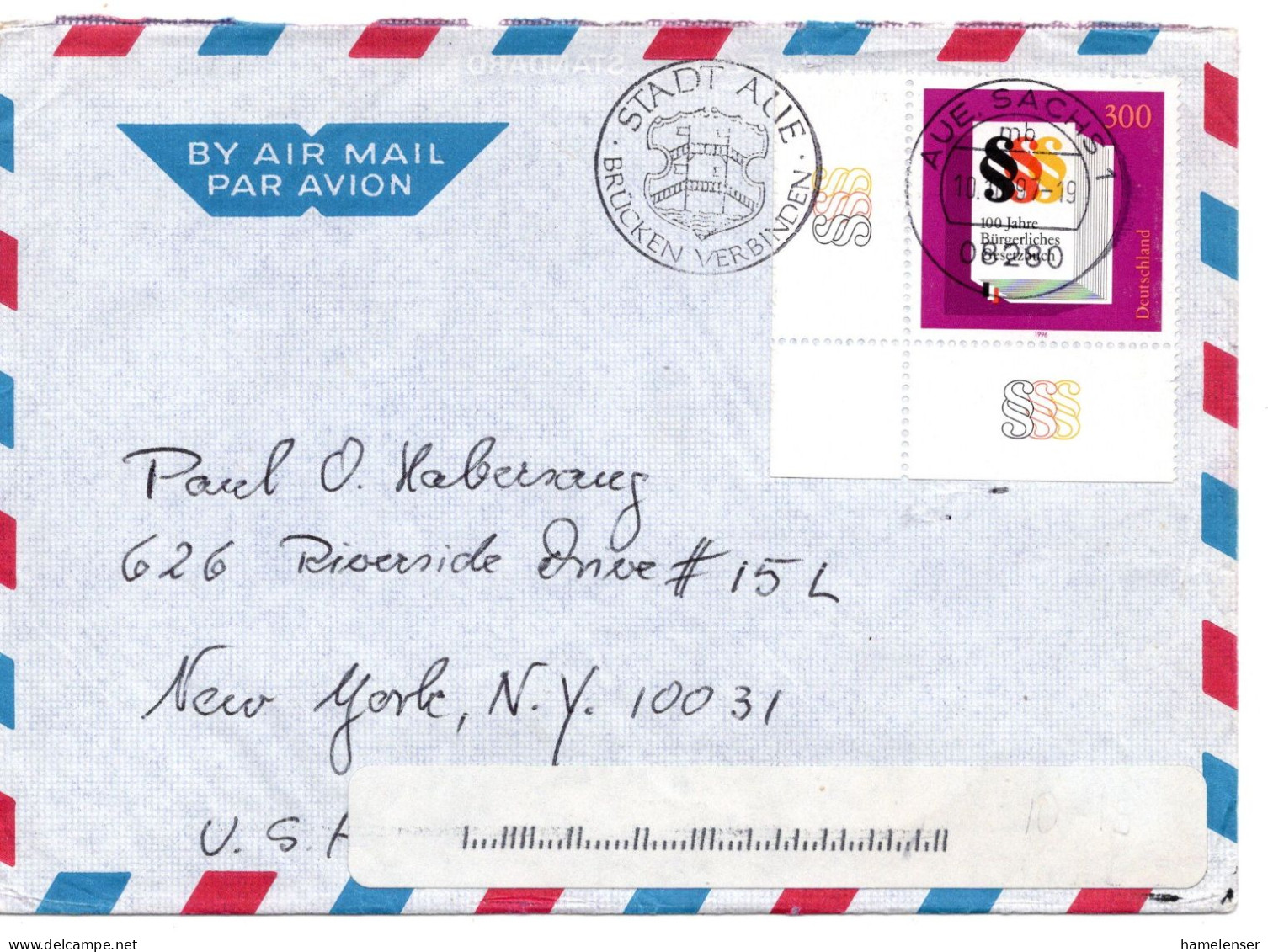 69806 - Bund - 1995 - 300Pfg BGB EF A LpBf AUE -> New York, NY (USA) - Storia Postale