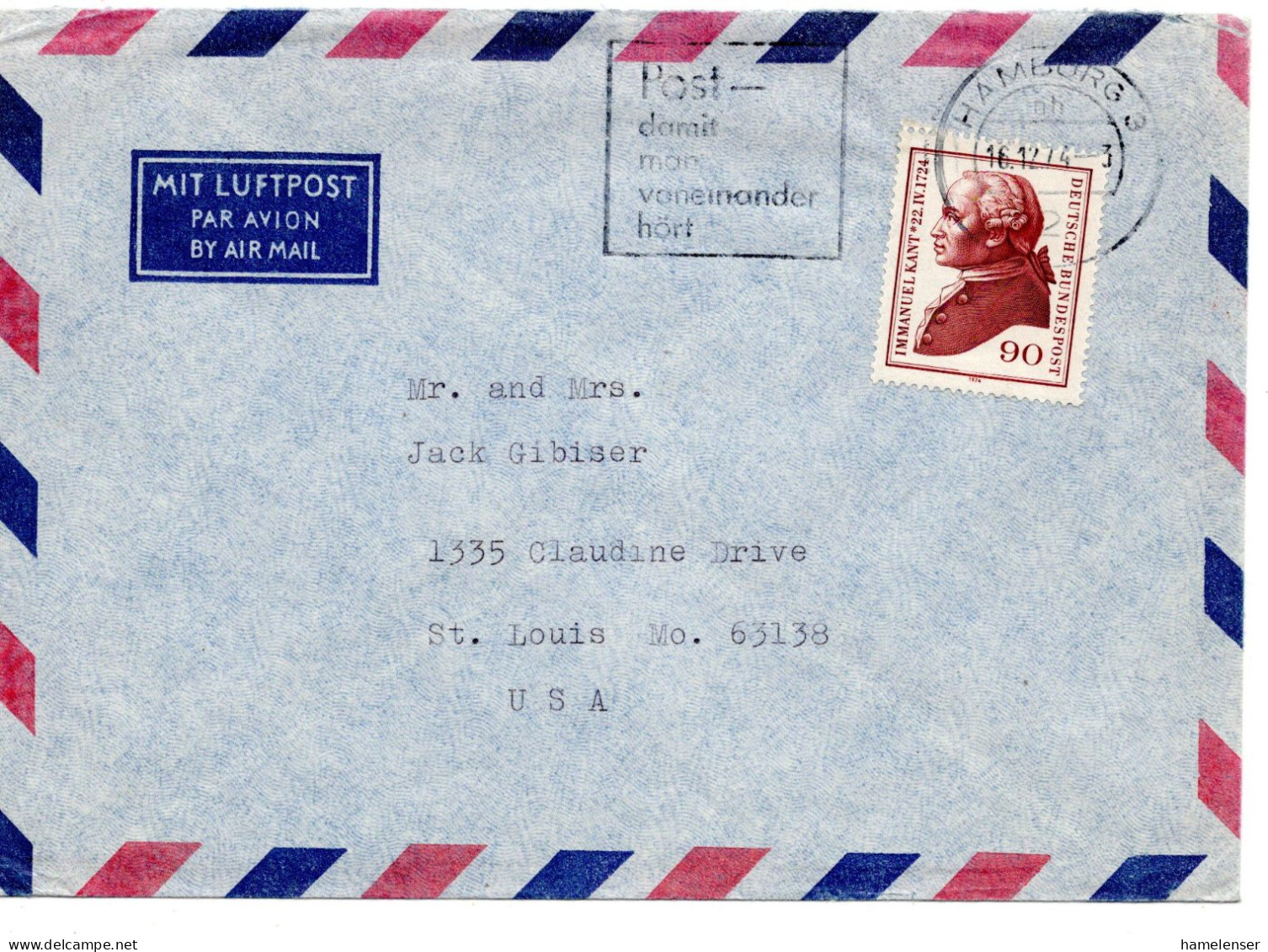 69809 - Bund - 1974 - 90Pfg Kant EF A LpBf HAMBURG - ... -> St Louis, MO (USA) - Storia Postale