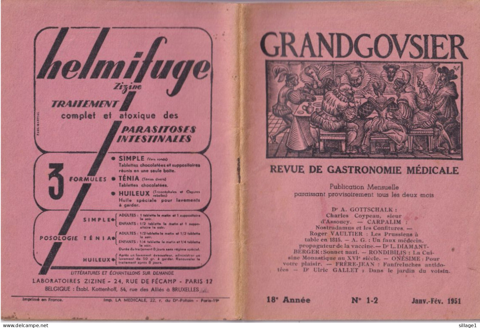 GRANDGOUSIER - REVUE DE GASTRONOMIE MEDICALE - 18e Année N° 1-2 Janv.-Fév. 1951 Dessins De J. Hémard - Humor