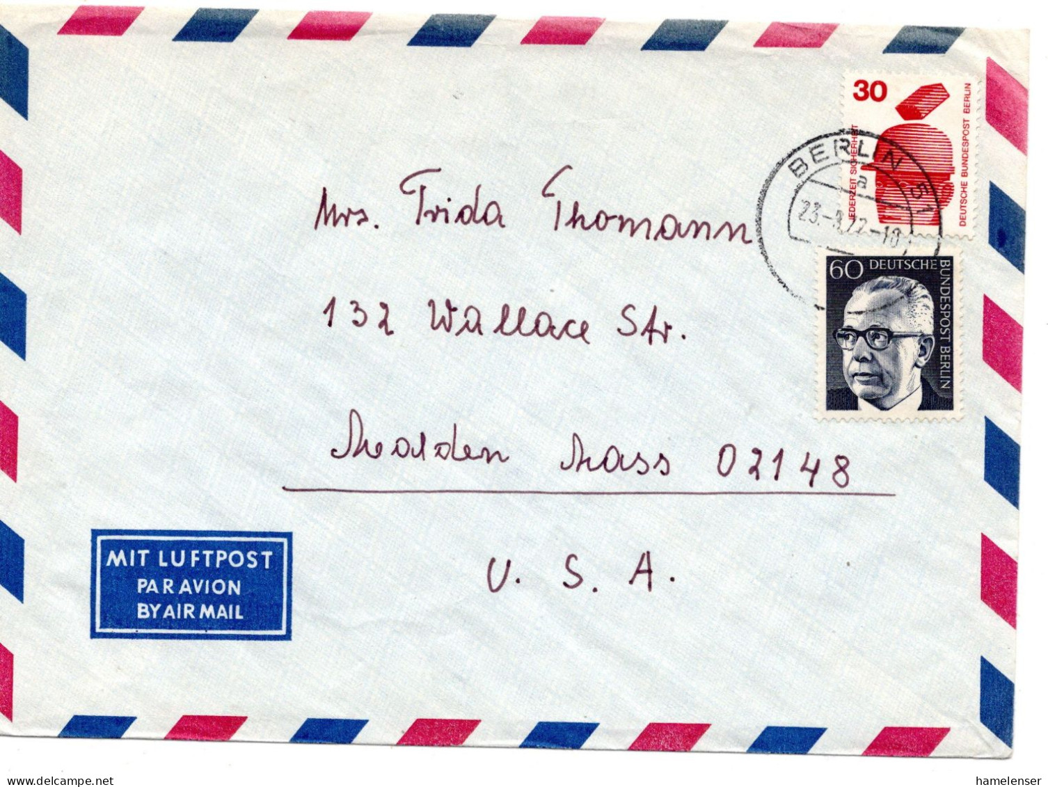 69812 - Berlin - 1972 - 60Pfg Heinemann MiF A LpBf BERLIN -> Malden, MA (USA) - Storia Postale