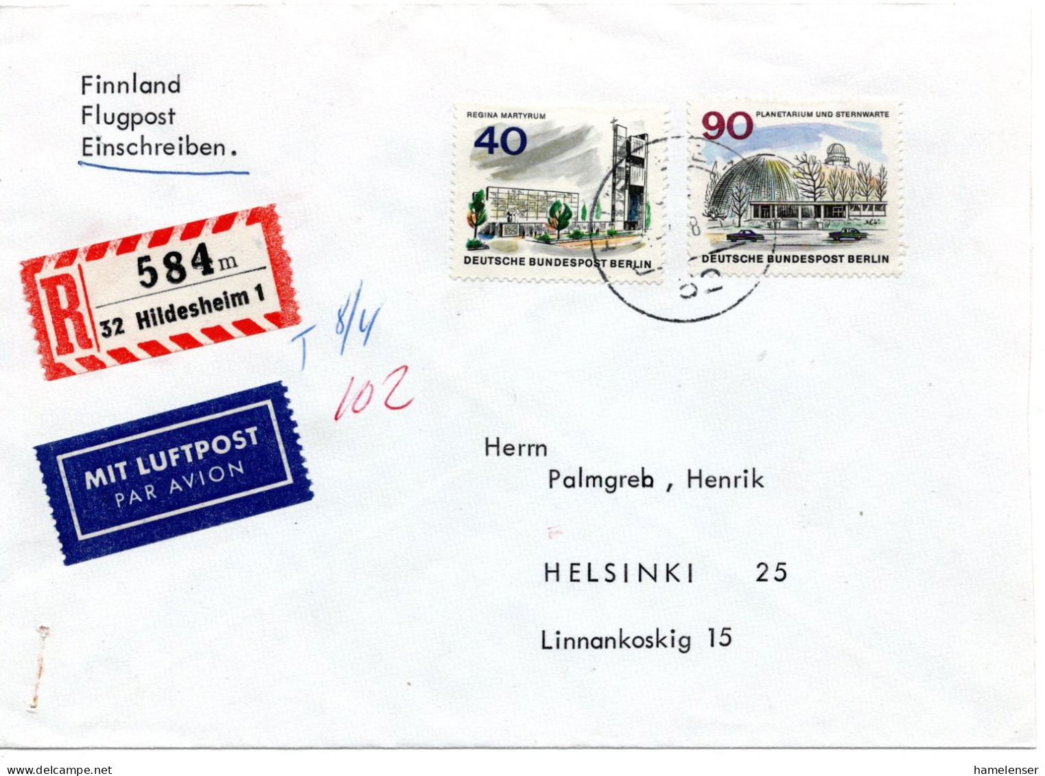 69813 - Berlin - 1968 - 90Pfg Neu-Berlin MiF A R-LpBf BERLIN -> HELSINKI (Finnland) - Cartas & Documentos