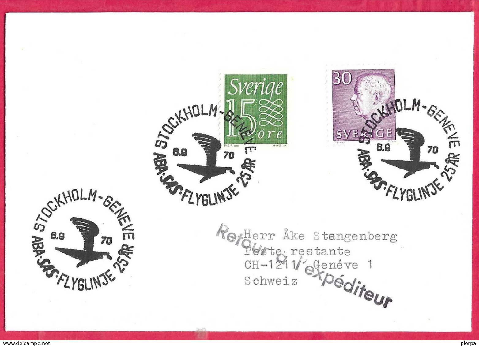 SVERIGE - 25 YEARS SAS FLIGHT FROM STOCKHOLM TO GENEVE *6.9.1970* ON COVER - Brieven En Documenten