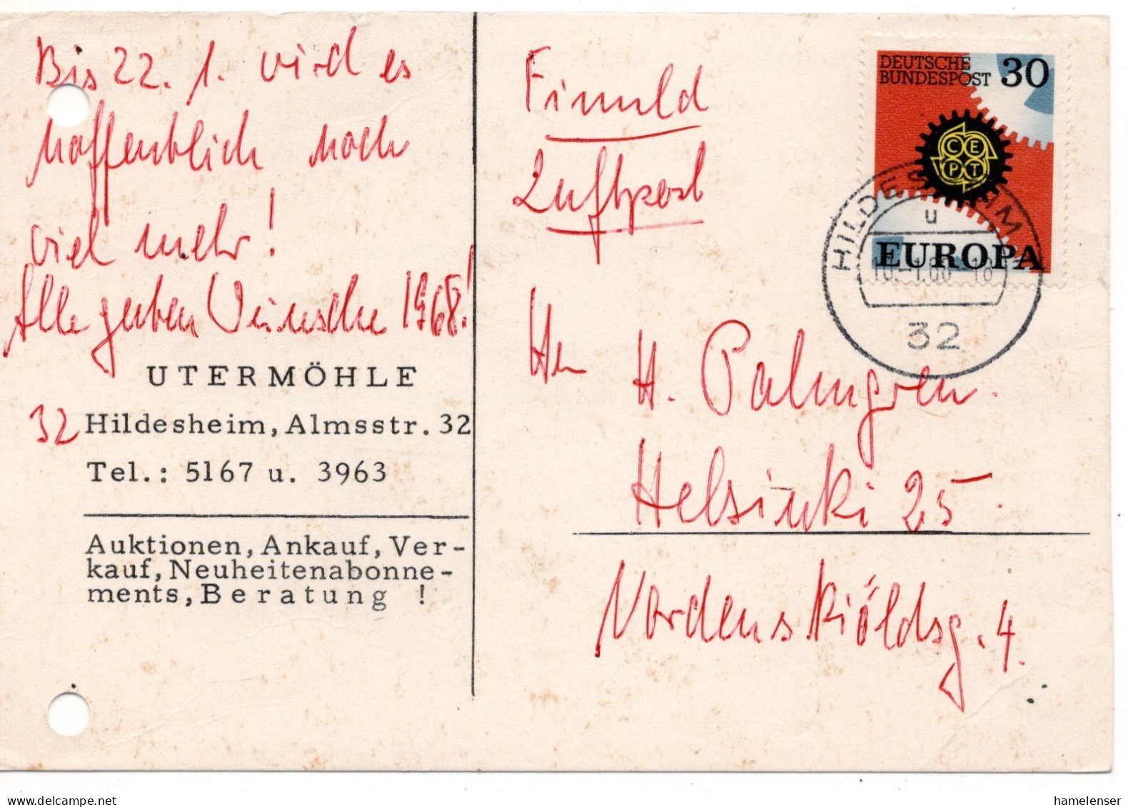 69821 - Bund - 1968 - 30Pfg CEPT '67 EF A Kte (li Gelocht) HILDESHEIM -> Finnland - Storia Postale