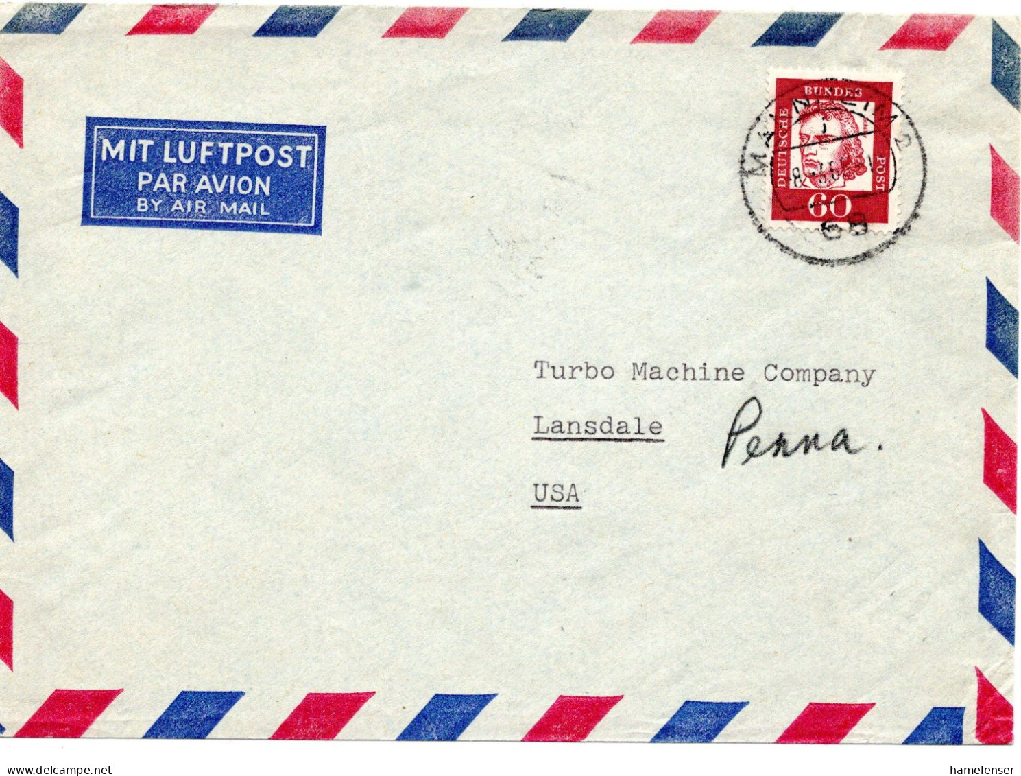 69822 - Bund - 1965 - 60Pfg Schiller EF A LpBf MANNHEIM -> Lansdale, PA (USA) - Lettres & Documents