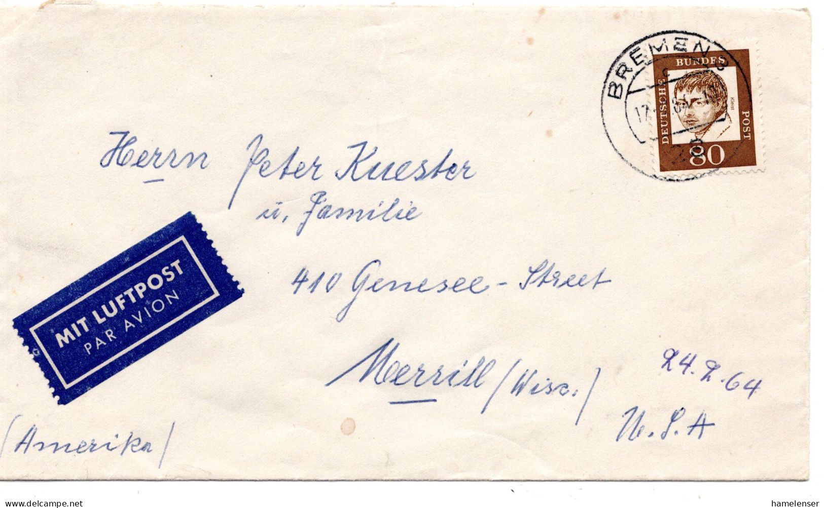 69823 - Bund - 1964 - 80Pfg Kleist EF A LpBf BREMEN -> Merrill, WI (USA) - Cartas & Documentos