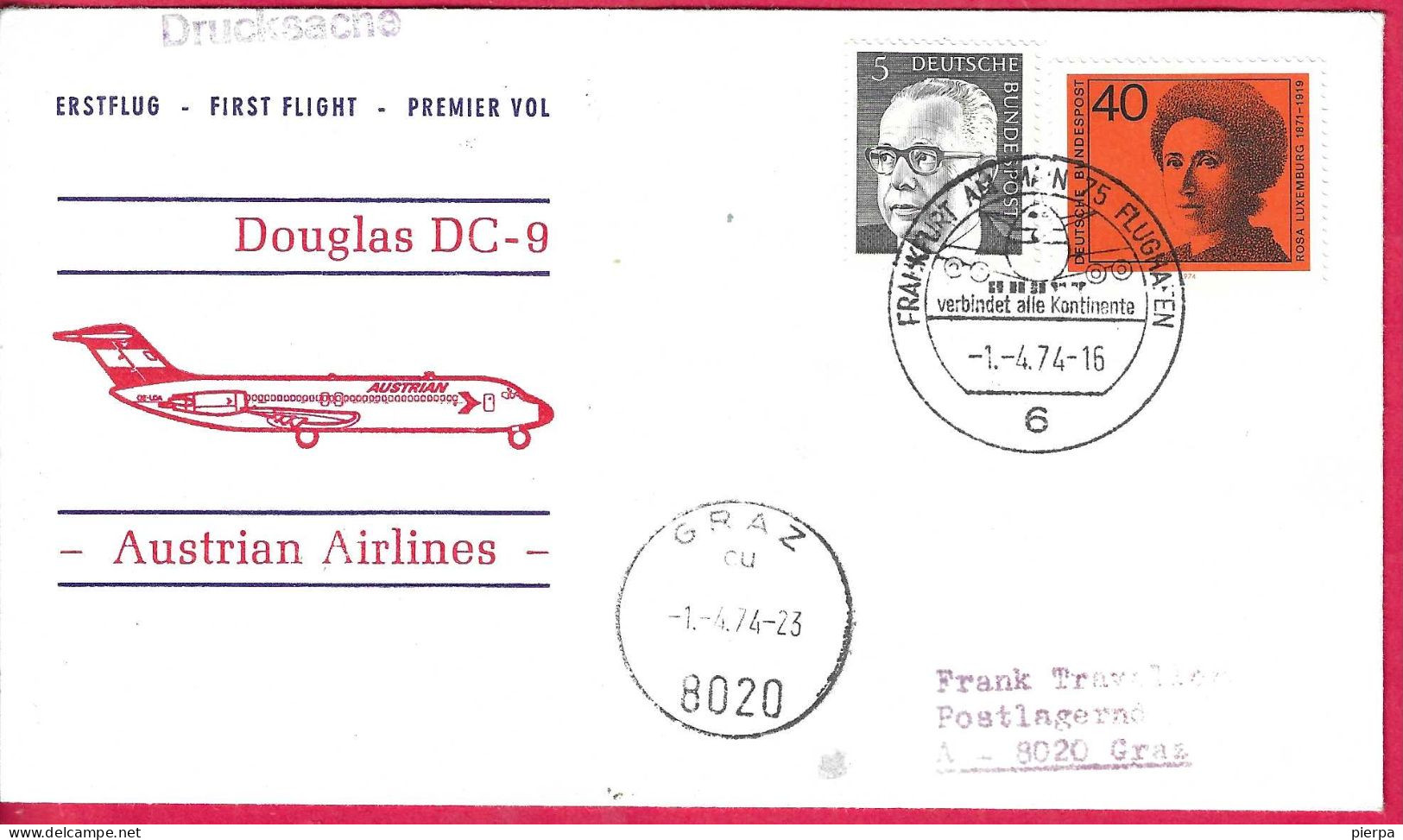 AUSTRIA - ERSFLUG AUA MIT DC-9 FROM FRANKFURT TO GRAZ *1.4.74* ON OFFICIAL COVER - First Flight Covers