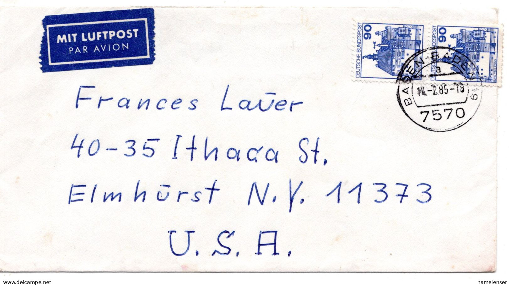 69826 - Bund - 1985 - 2@90Pfg B&S A LpBf BADEN-BADEN -> Elmhurst, NY (USA) - Cartas & Documentos