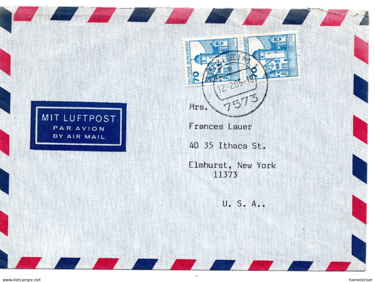 69827 - Bund - 1985 - 2@70Pfg B&S A LpBf SINZHEIM -> Elmhurst, NY (USA) - Brieven En Documenten