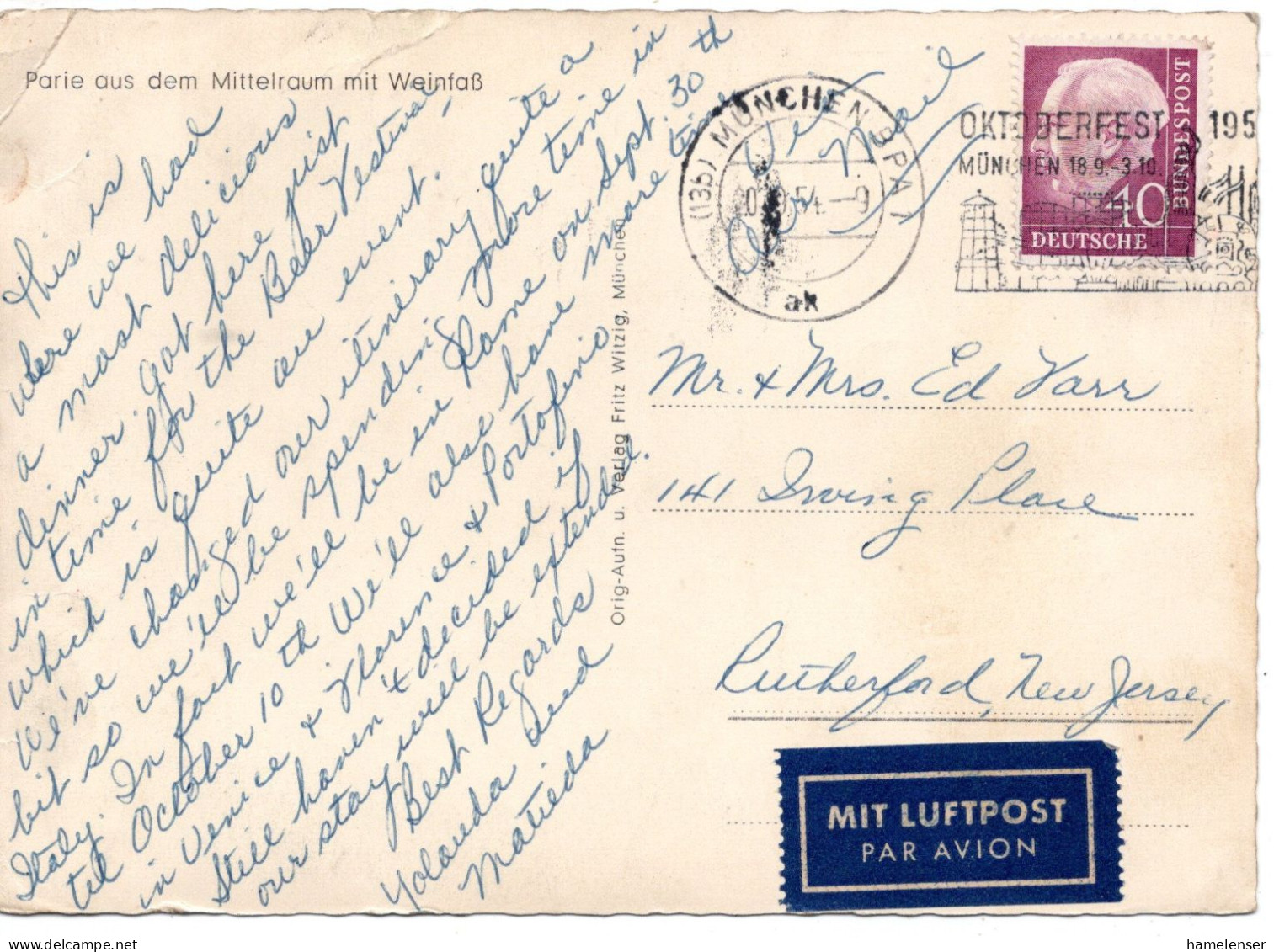 69829 - Bund - 1954 - 40Pfg Heuss I EF A LpAnsKte MUENCHEN - OKTOBERFEST ... -> Rutherford, NJ (USA) - Lettres & Documents