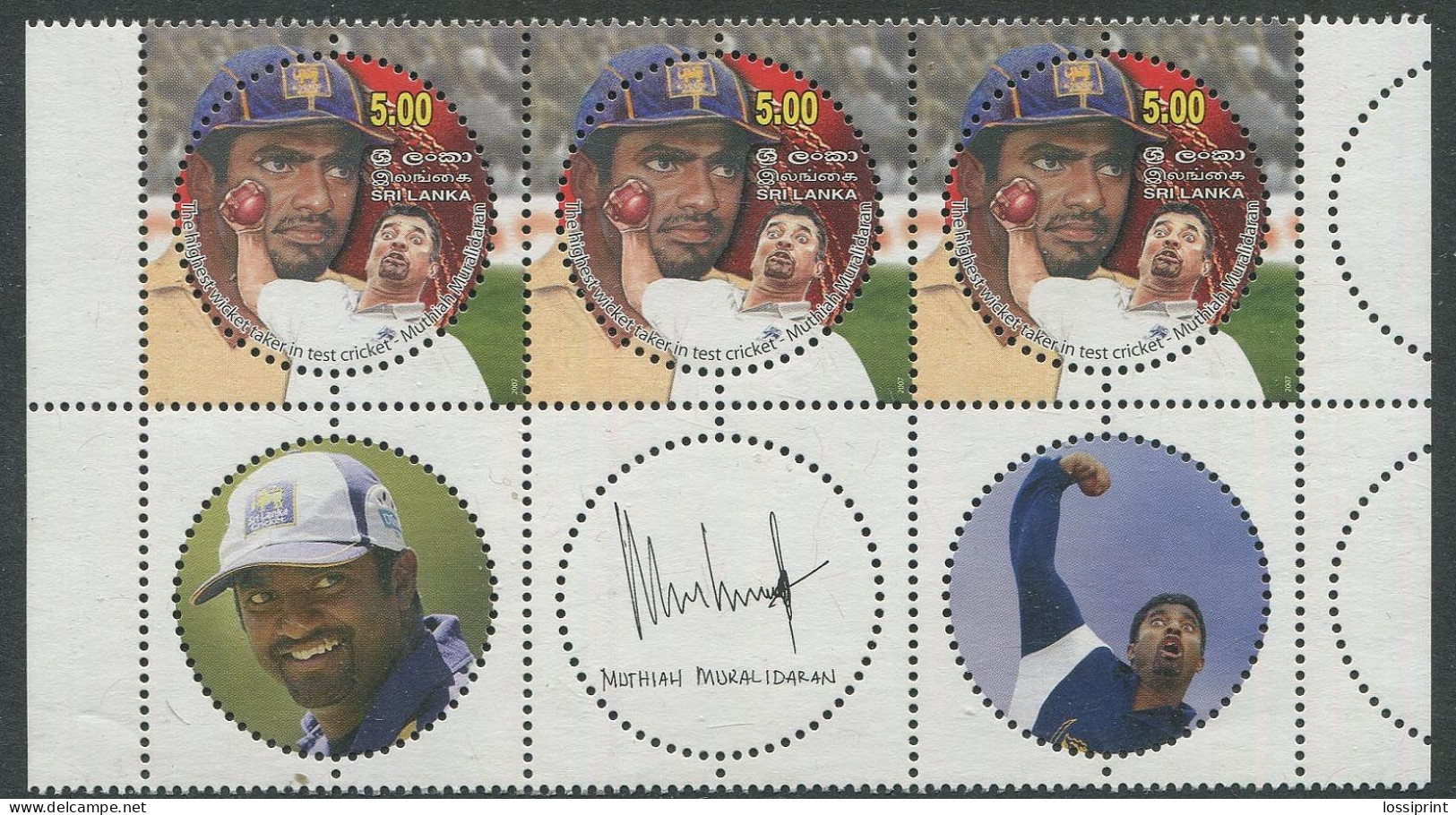Sri Lanka:Unused Stamps Cricket, Muthiali Muralidaran, 2007, MNH - Cricket