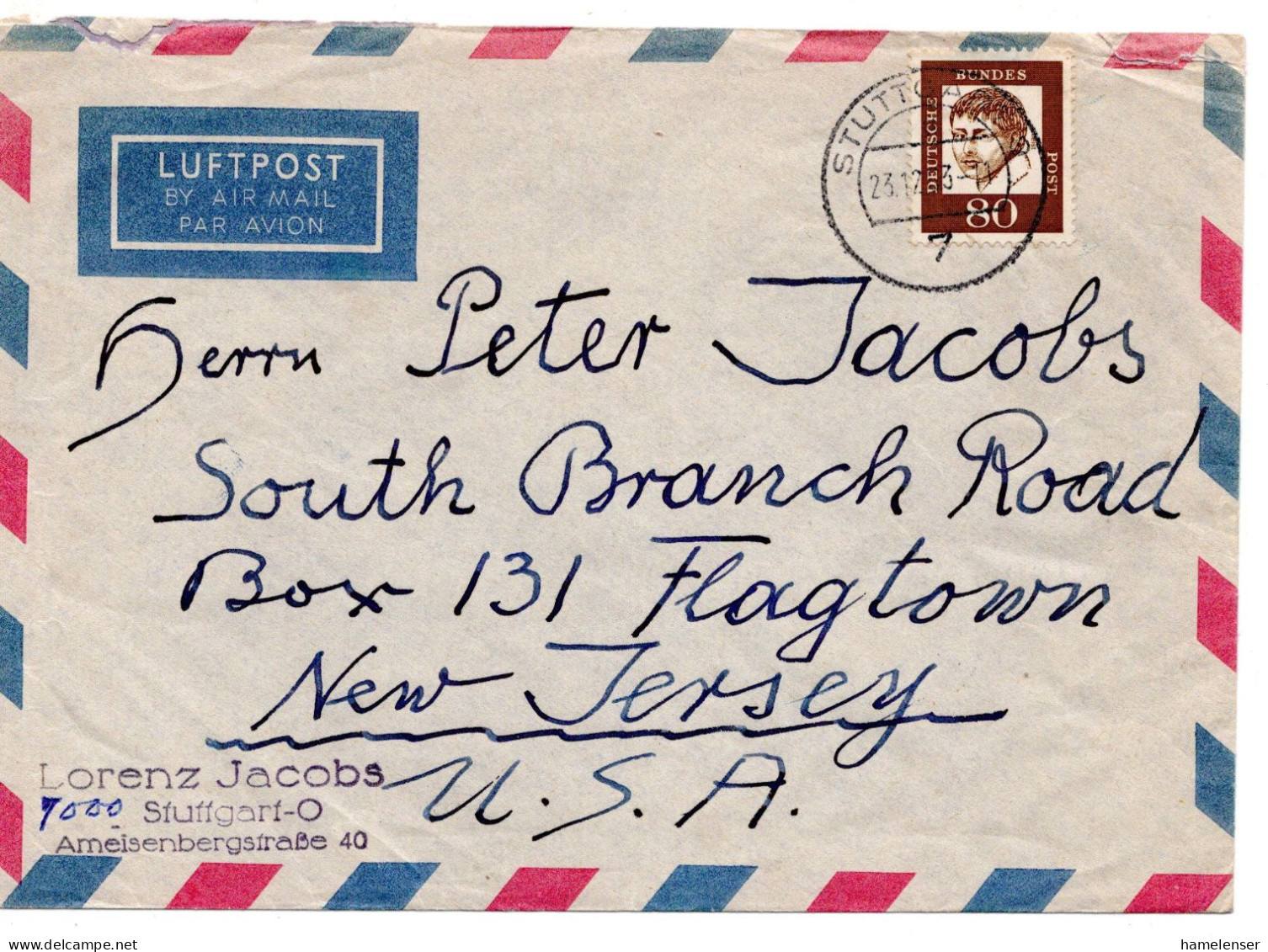 69832 - Bund - 1963 - 80Pfg Kleist EF A LpBf STUTTGART -> Flagtown, NJ (USA) - Lettres & Documents