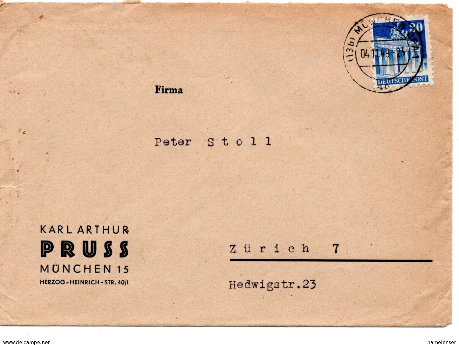 69833 - Bund - 1949 - 30Pfg Bauten EF A Bf MUENCHEN -> Schweiz - Storia Postale