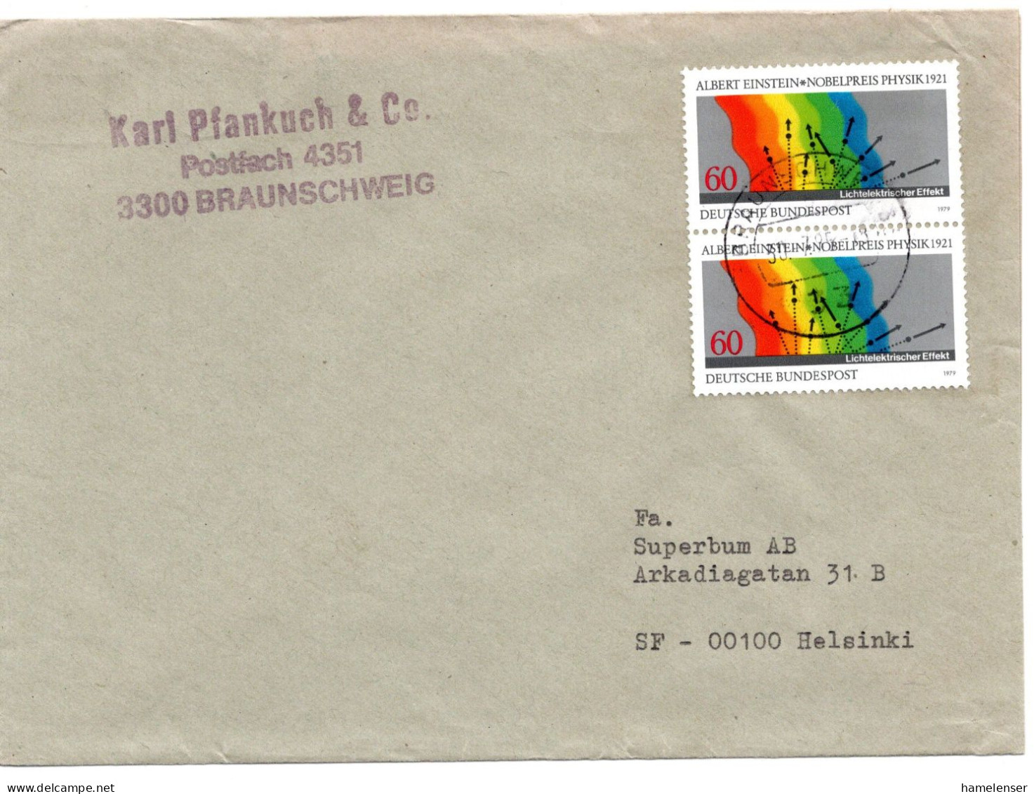 69835 - Bund - 1985 - 2@60Pfg Physik-Nobelpreis 1921 A Bf BRAUNSCHWEIG -> Finnland - Physique