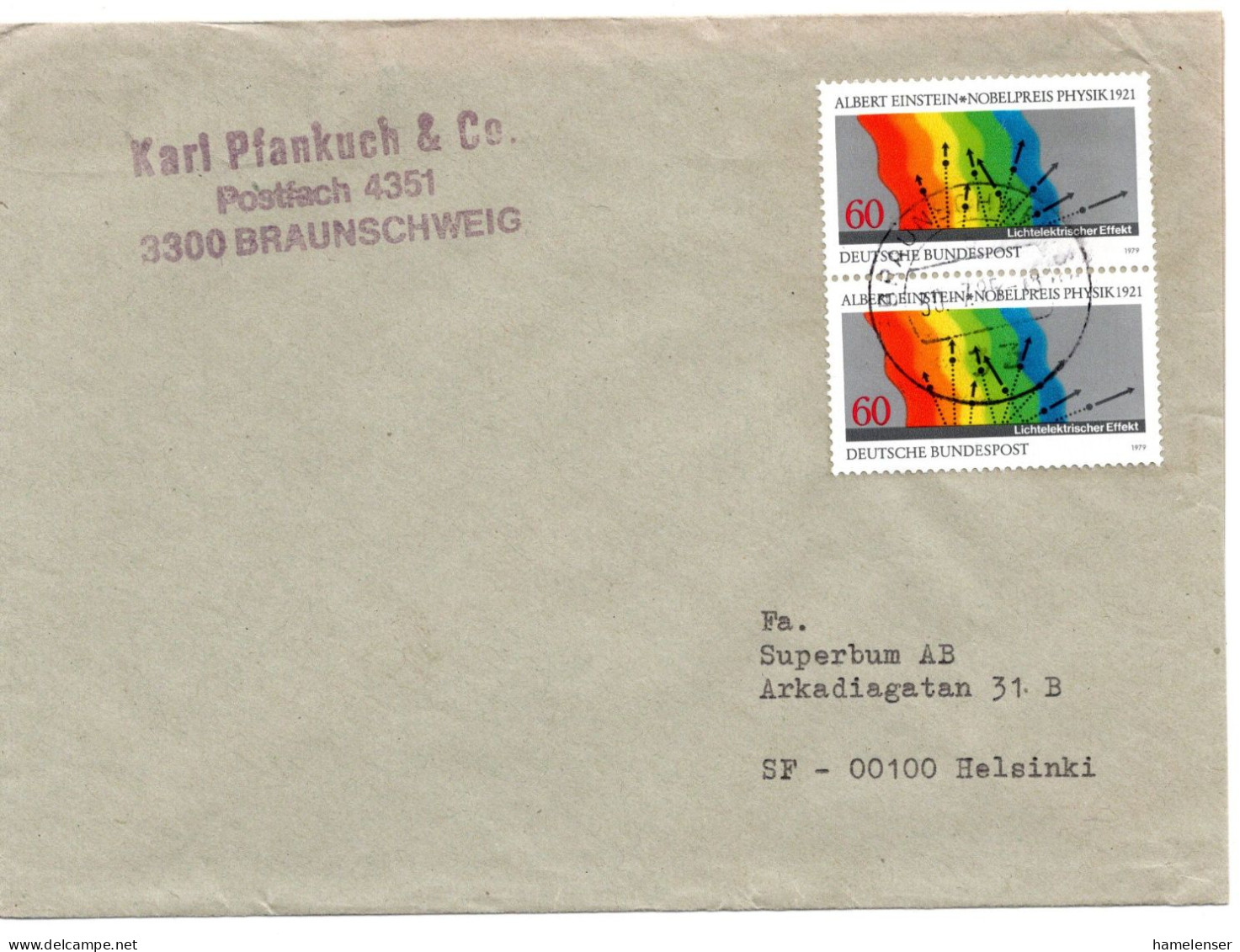 69835 - Bund - 1985 - 2@60Pfg Physik-Nobelpreis 1921 A Bf BRAUNSCHWEIG -> Finnland - Physik