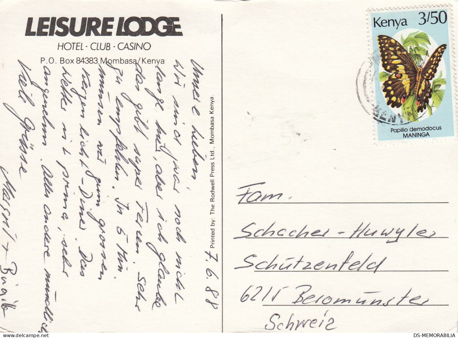 Kenya Mombasa Leisure Lodge Hotel 1988 Butterfly Stamp - Kenya