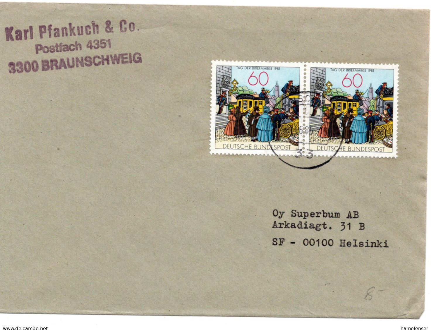 69836 - Bund - 1985 - 2@60Pfg Tag Der Briefmarke 1981 A Bf BRAUNSCHWEIG -> Finnland - Dag Van De Postzegel