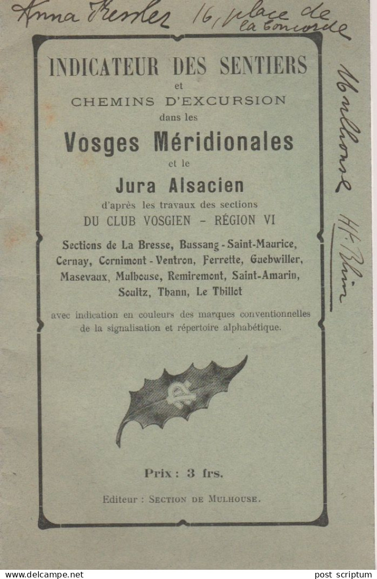 Livre - Indicateur Des Sentiers Et Chemins D'excursion Dans Les Vosges Méridionales Et Le Jura Alsacien (club Vosgien) - Alsace