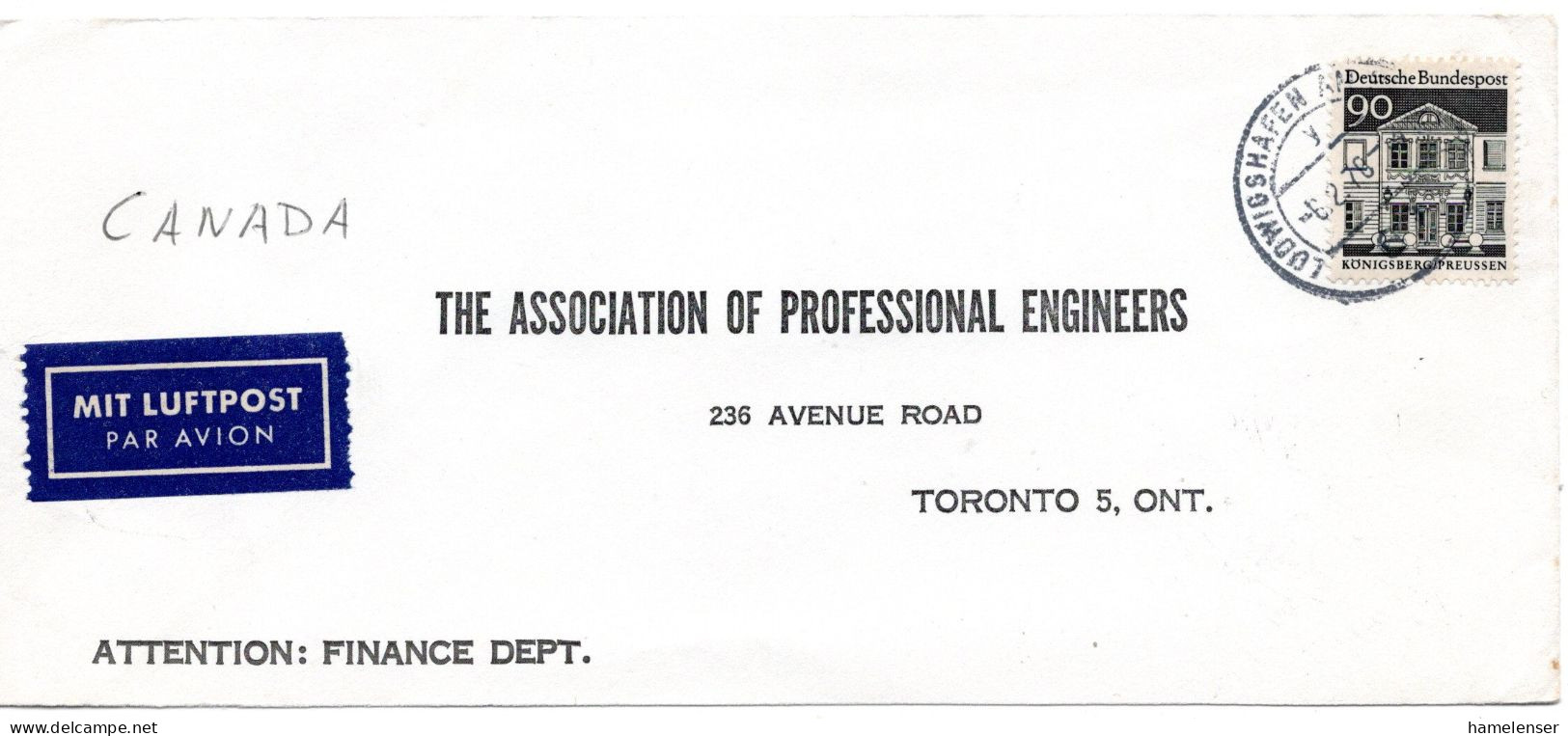 69840 - Bund - 1970 - 90Pfg Gr.Bauten EF A LpBf LUDWIGSHAFEN -> Toronto, ON (Canada) - Lettres & Documents