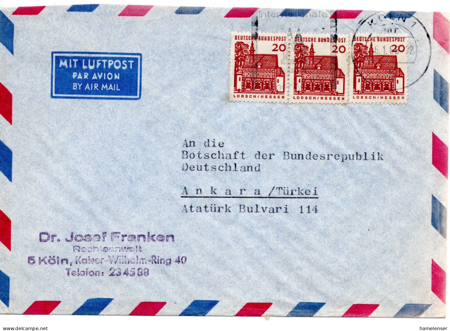 69845 - Bund - 1966 - 3@20Pfg Kl.Bauten A LpBf KOELN - ... -> Tuerkei - Covers & Documents