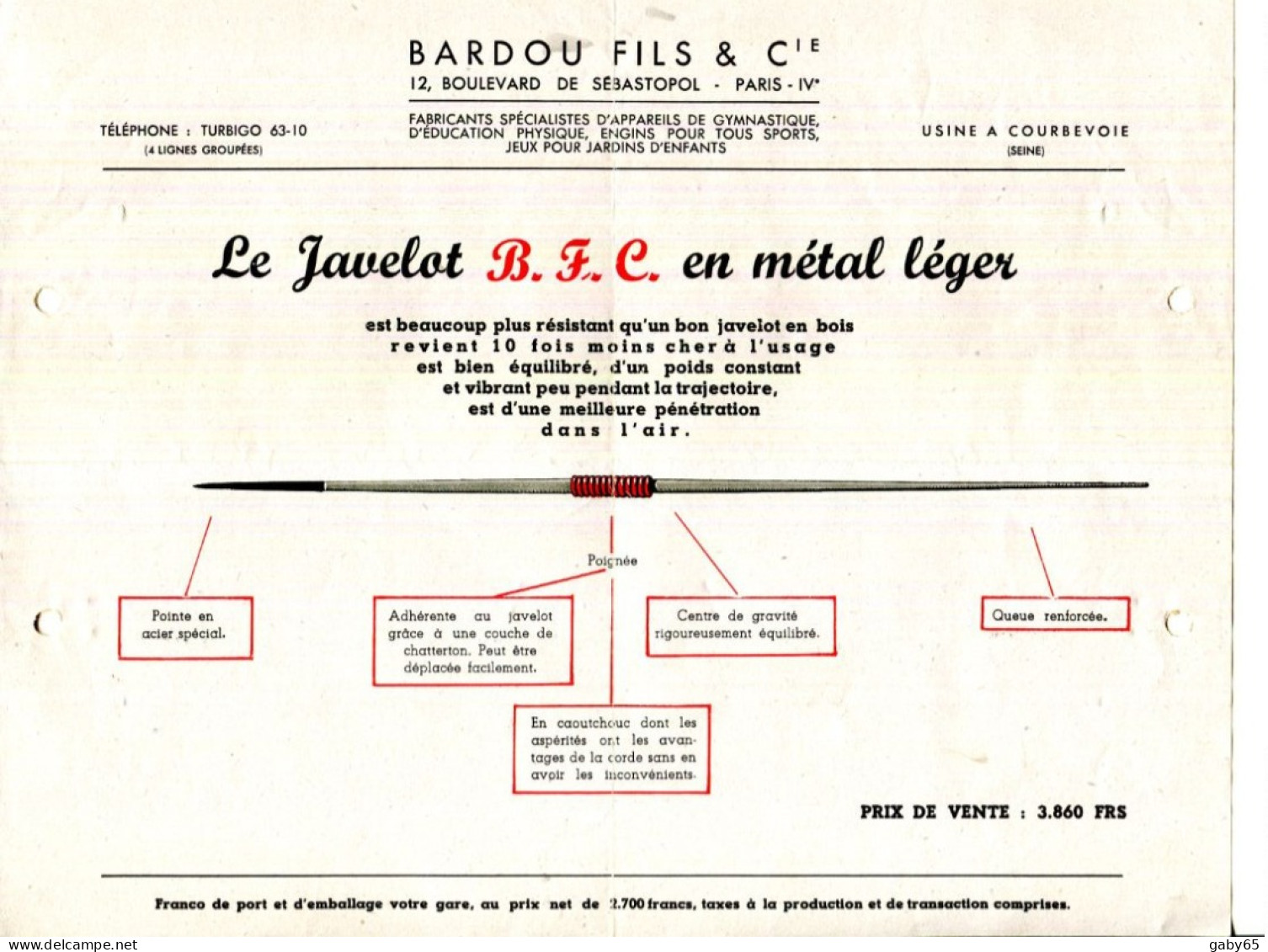 .PARIS.FABRICATIONS D'APPAREILS DE GYMNASTIQUE.LE JAVELOT EN METAL LEGER.BARDOU FILS & Cie.12 Blvd.SEBASTOPOL. - Sports & Tourisme