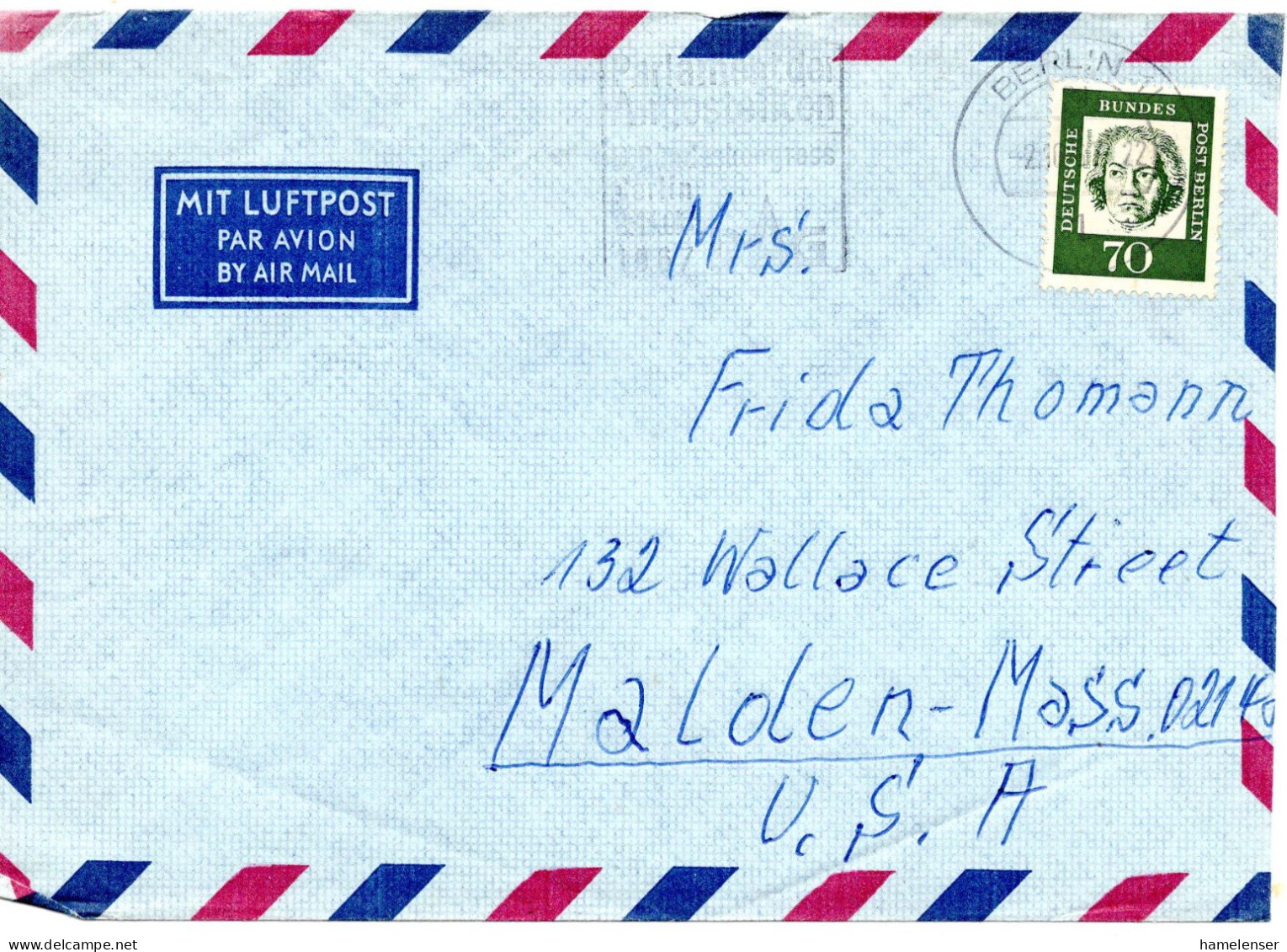 69847 - Berlin - 1967 - 70Pfg Beethoven EF A LpBf BERLIN - ... -> Malden, MA (USA) - Storia Postale