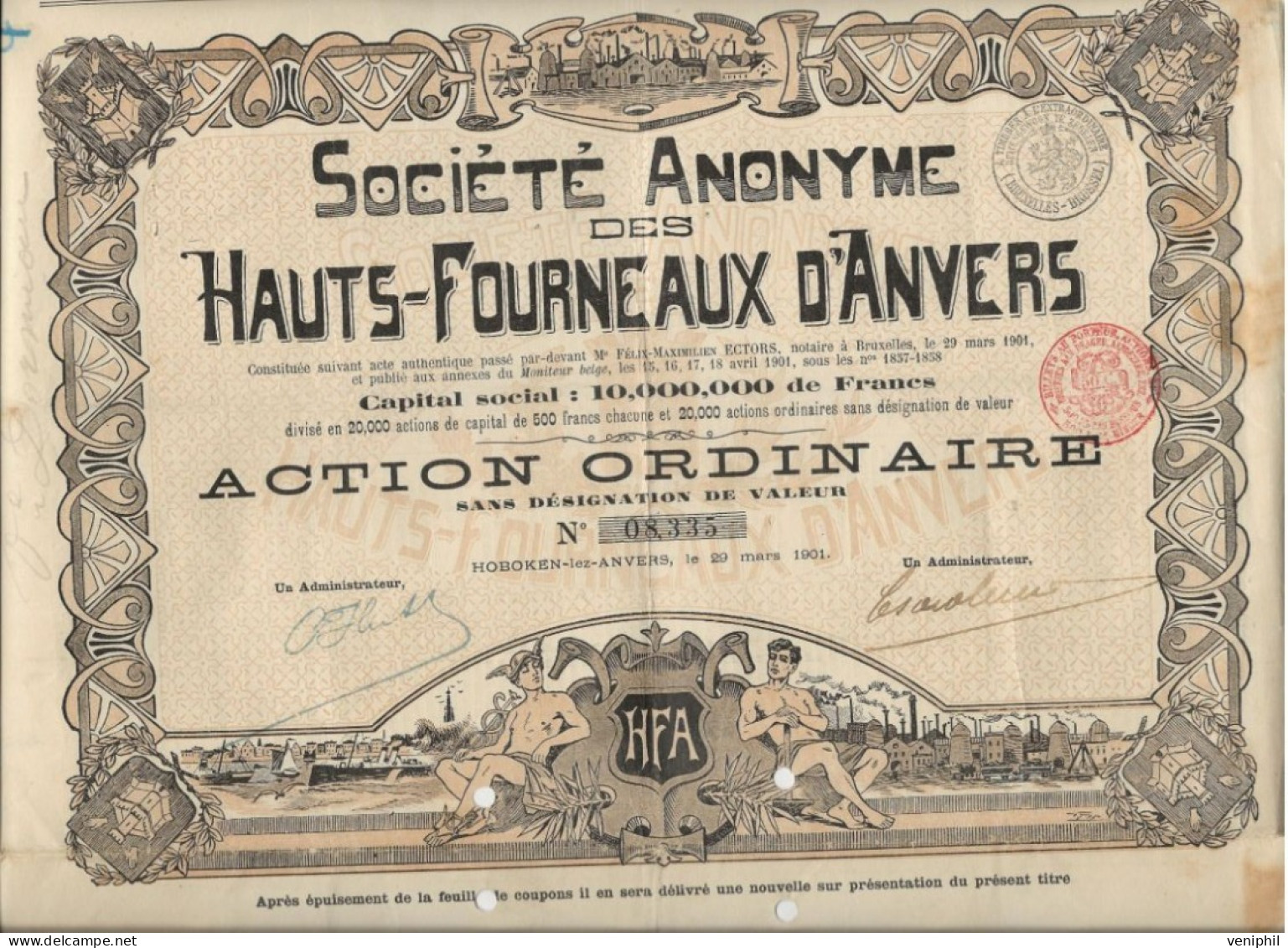 ACTION SOCIETE DES HAUTS FOURNEAUX DANVERS -BELGIQUE -ANNEE 1901 - Industrie