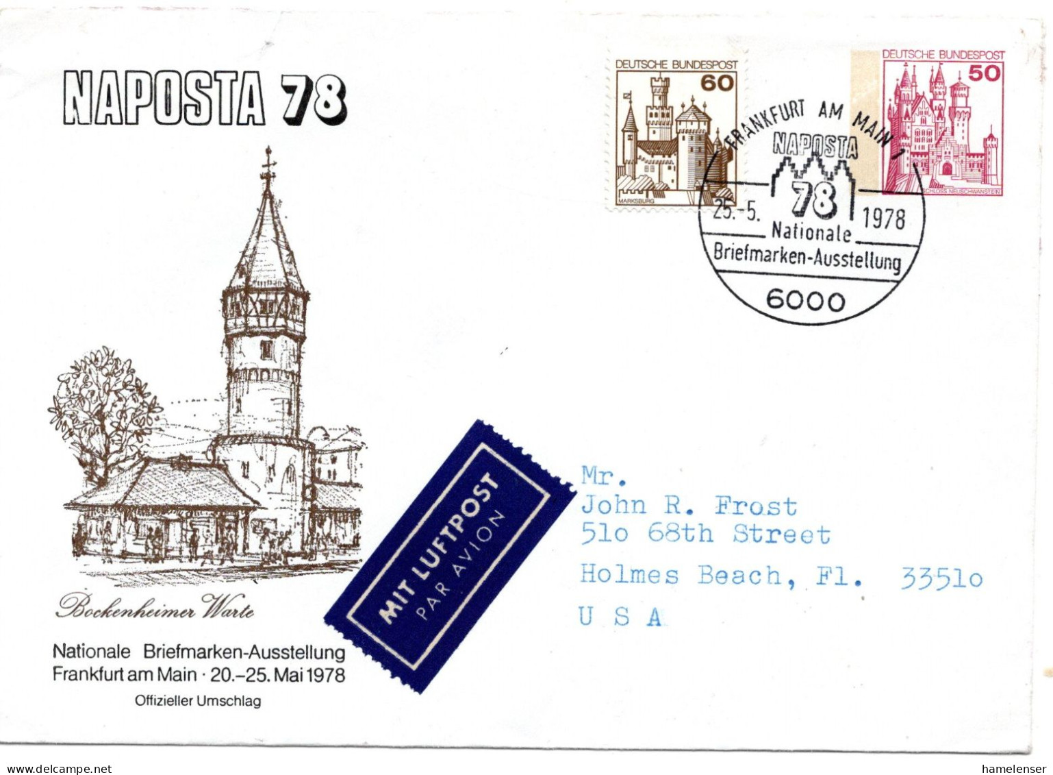 69853 - Bund - 1978 - 50Pfg B&S PGAUmschlag M ZusFrankatur Per Lp SoStp FRANKFURT - NAPOSTA -> Holmes Beach, FL (USA) - Philatelic Exhibitions