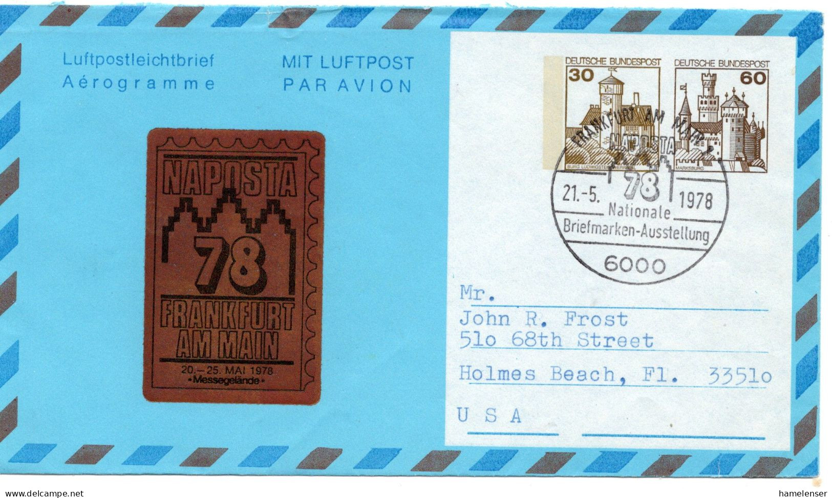 69854 - Bund - 1978 - 30&60Pfg B&S PGAAerogramm SoStp FRANKFURT - NAPOSTA -> Holmes Beach, FL (USA) - Philatelic Exhibitions