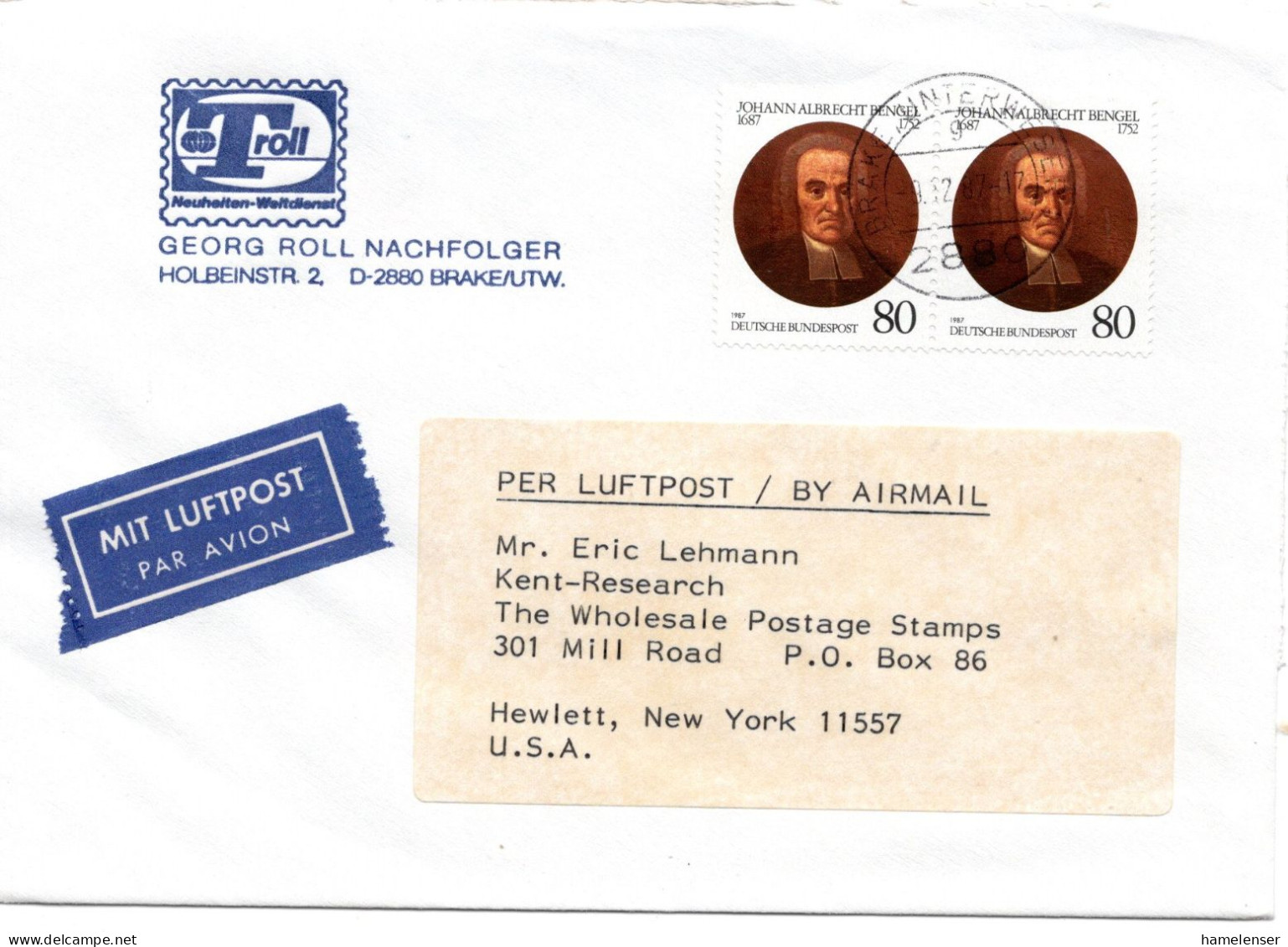 69857 - Bund - 1987 - 2@80Pfg Bengel A LpBf BRAKE -> Hewlett, NY (USA) - Briefe U. Dokumente