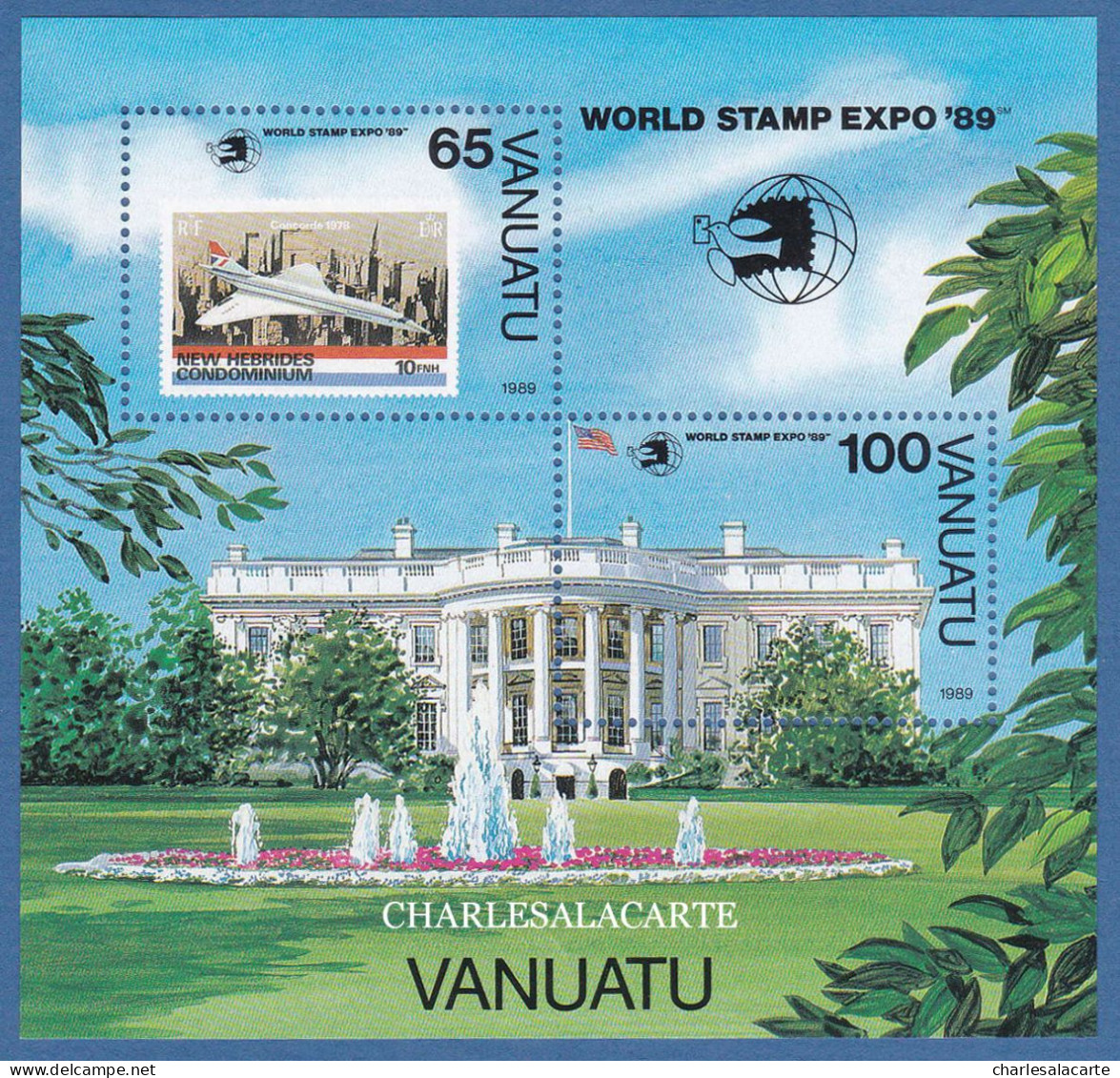 VANUATU  1989  WORLD STAMP EXPO M.S. CONCORDE & WHITE HOUSE  S.G. MS 537  U.M. - Vanuatu (1980-...)