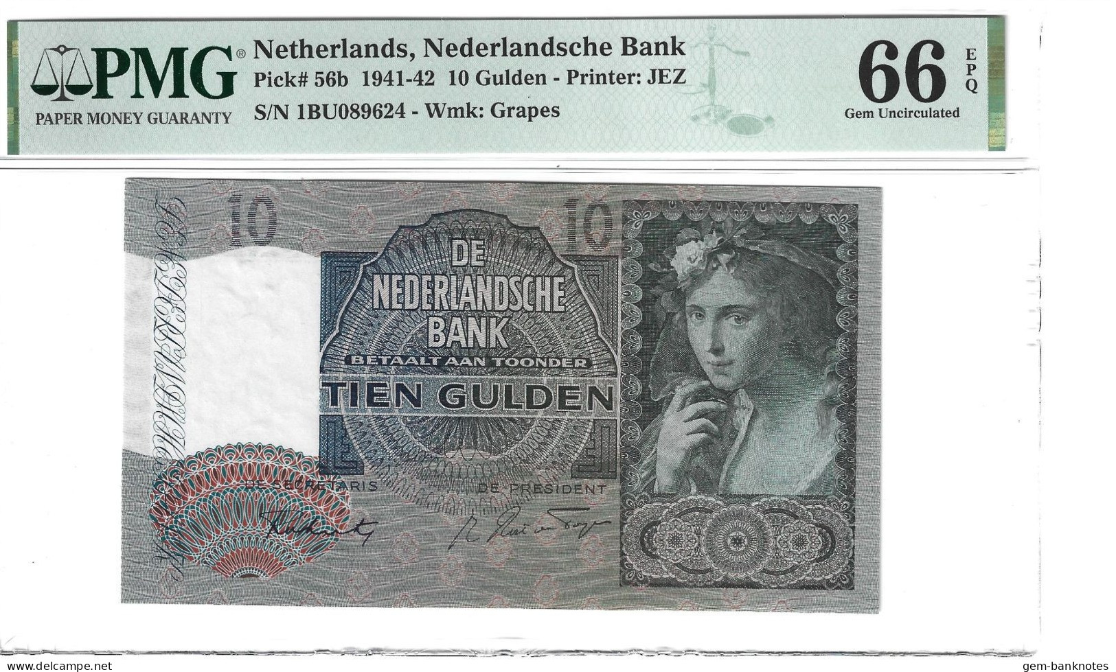 Netherlands 10 Gulden 1941-42 P56b Graded 66 EPQ Gem Uncirculated By PMG - 10 Florín Holandés (gulden)