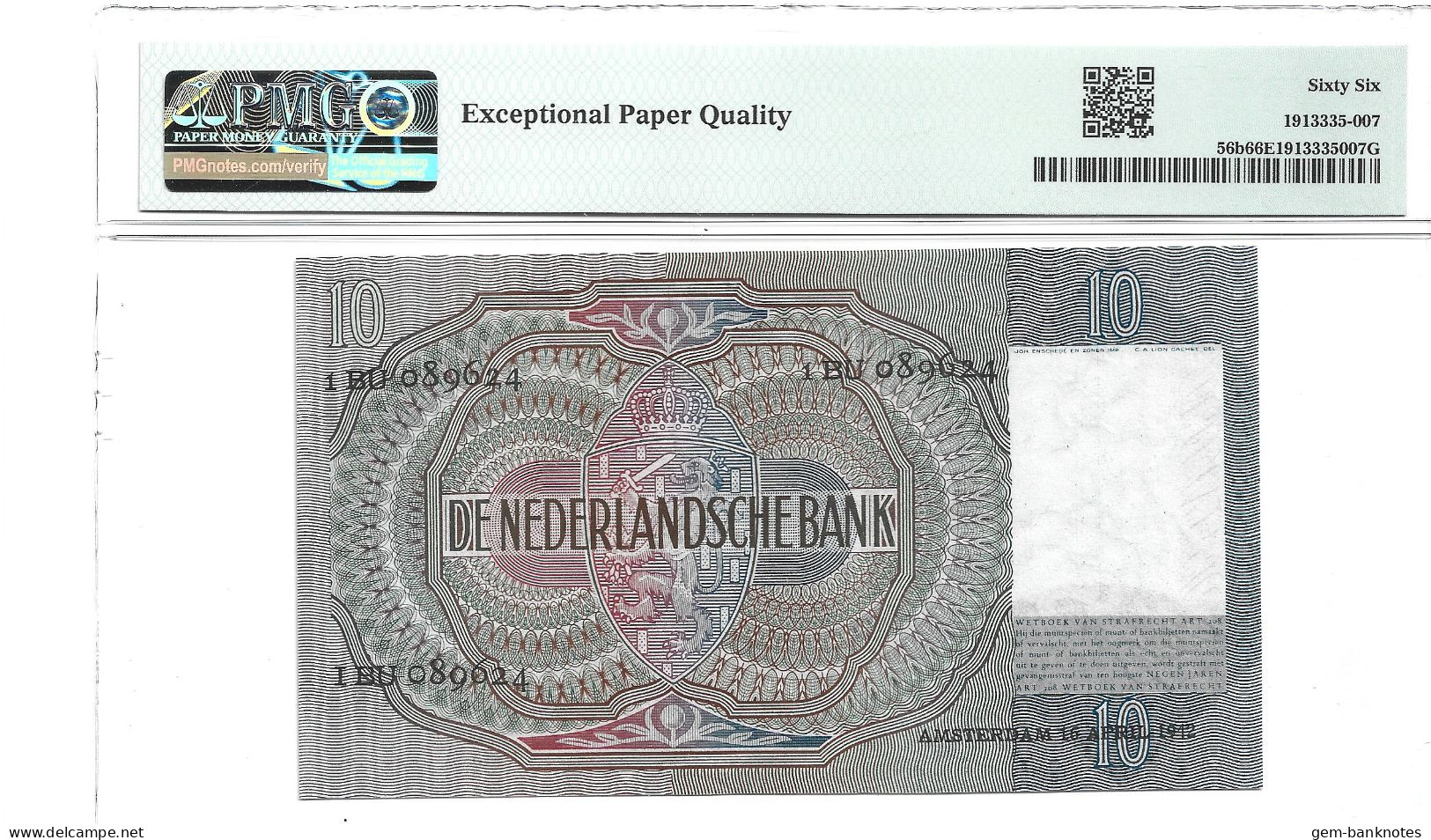 Netherlands 10 Gulden 1941-42 P56b Graded 66 EPQ Gem Uncirculated By PMG - 10 Gulden