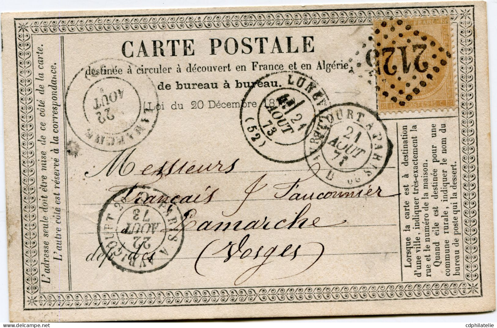 FRANCE CARTE PRECURSEUR AFFRANCHIE AVEC LE N°59 OBL GC 2125 DEPART LUNEVILLE 21 AOUT 73 POUR LA FRANCE - Cartes Précurseurs