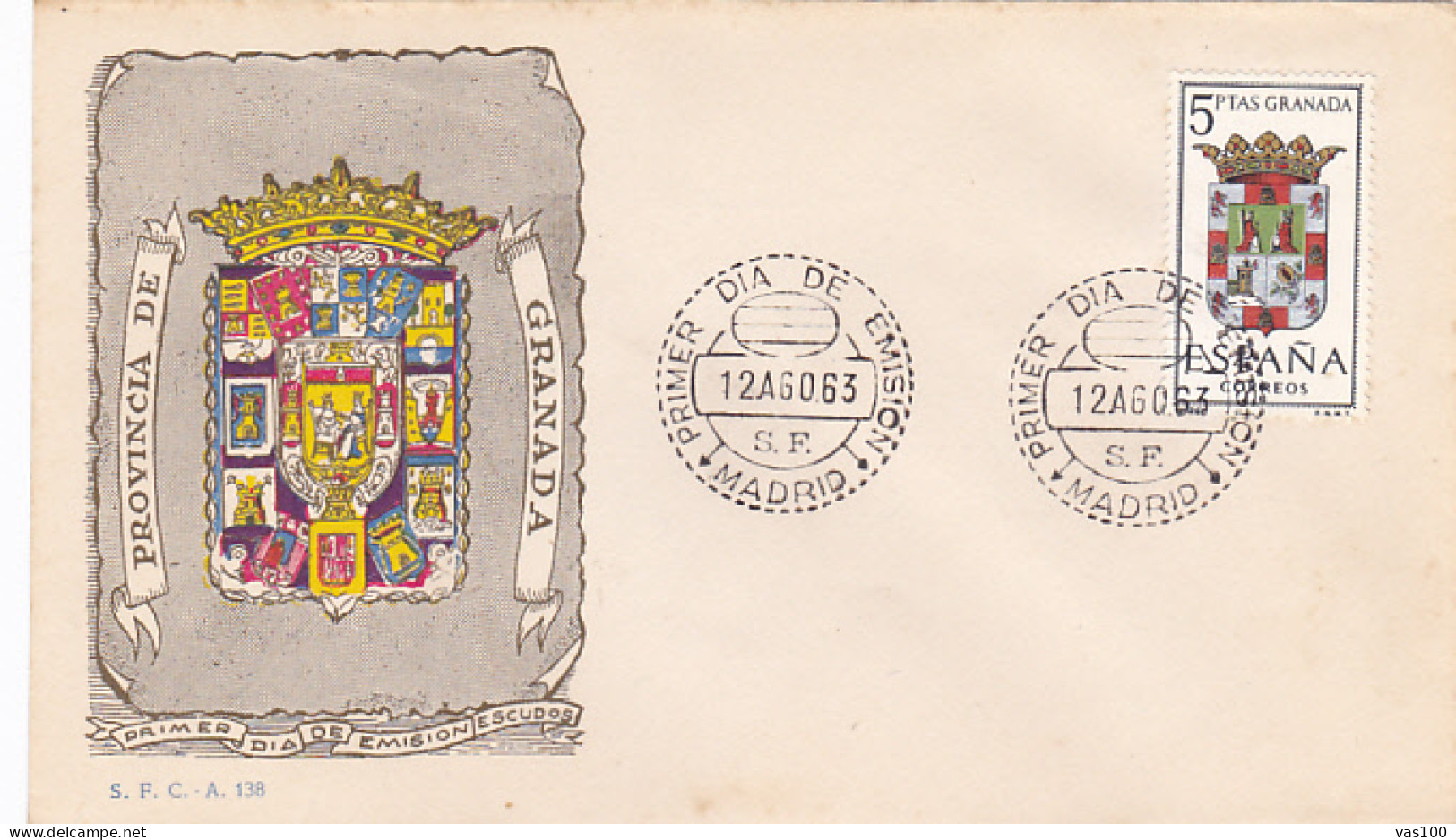 COAT OF ARMS, GRANADA PROVINCE, SPECIAL COVER, OBLIT FDC, 1963, SPAIN - Other & Unclassified