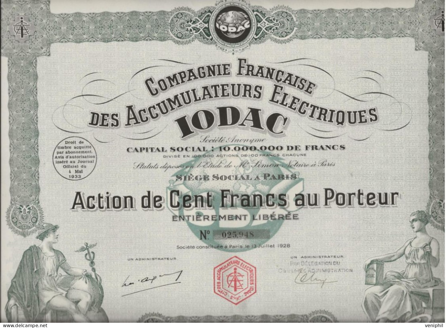 COMPAGNIE FRANCAISE DES ACCUMULATEURS ELECTRIQUES  - IODAC -ACTION ILLUSTREE DE 100 FRS ANNEE 1928 - Electricité & Gaz