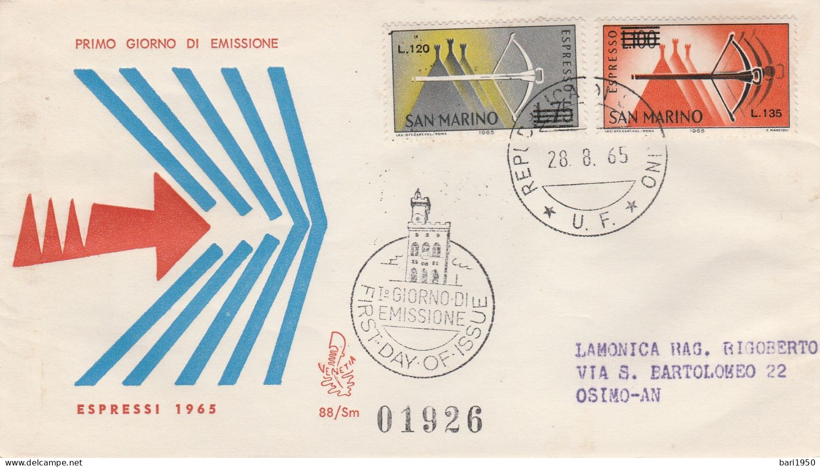 SAN MARINO - Francobolli Su Busta, Primo Giorno Di Emissione , ESPRESSI 1965 - Usati