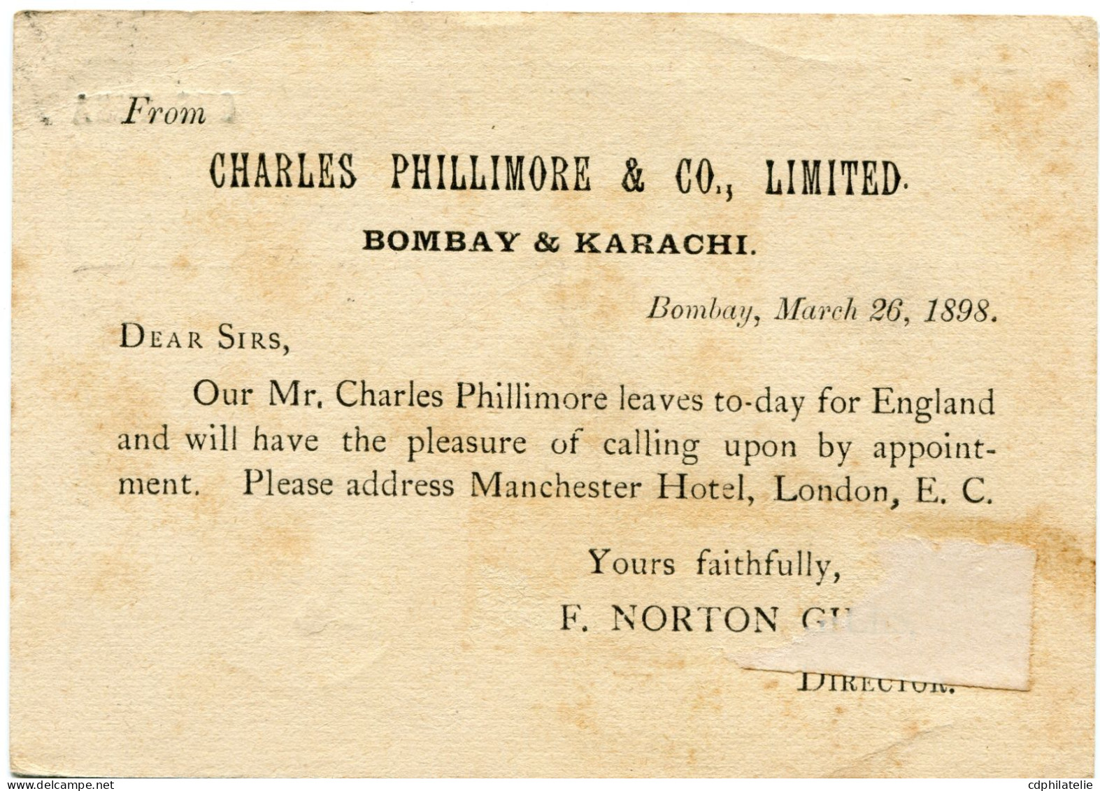 INDE ANGLAISE ENTIER POSTAL AVEC CACHET " SEA POST OFFICE MA 26 98 " DEPART BOMBAY ? MA 98 POUR LA FRANCE - 1882-1901 Imperio