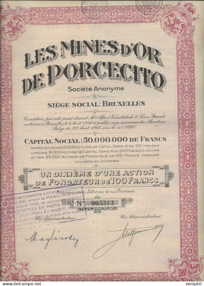 LES MINES D'OR DE PORCECITO -COLOMBIE - UN DIXIEME D'UNE CTION DE FONDATEUR DE 100 FRS -1928 - Mijnen