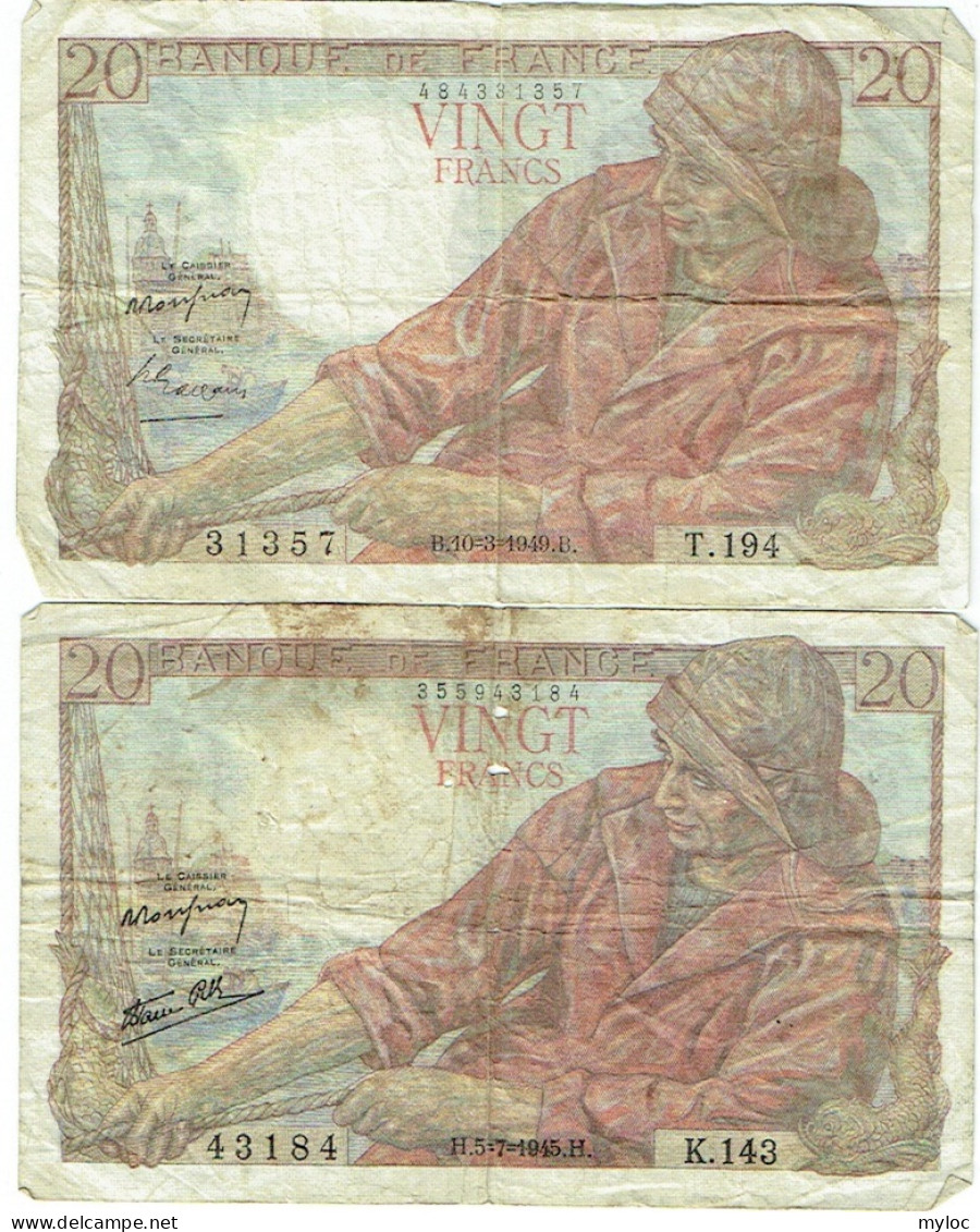 France. 2x Billet De 20 Francs. Type Pêcheur. 1945 + 1949. Lot De 2 Billets Usagés. - 20 F 1942-1950 ''Pêcheur''