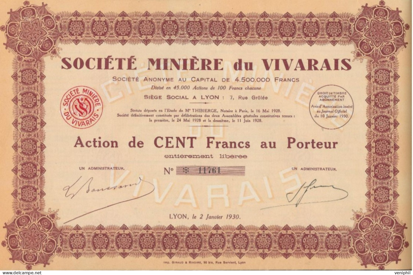 SOCIETE MINIERE DU VIVARAIS  -ACTION DE CENT FRANCS - ANNEE 1930 - Miniere