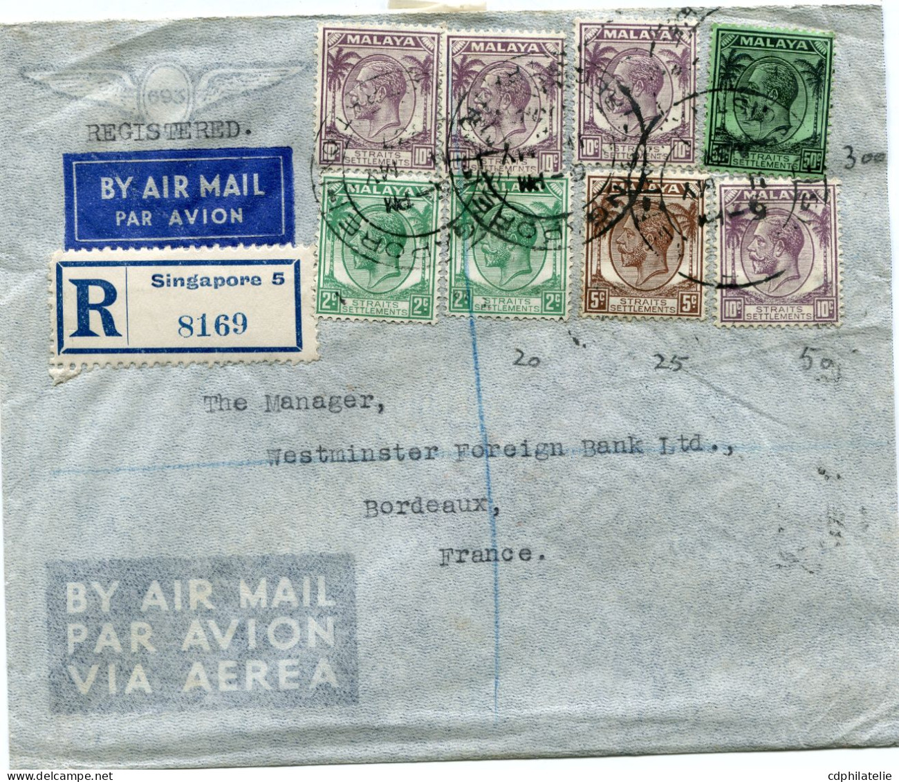 SINGAPOUR LETTRE RECOMMANDEE PAR AVION DEPART SINGAPORE 11 MY 37 POUR LA FRANCE - Singapour (...-1959)