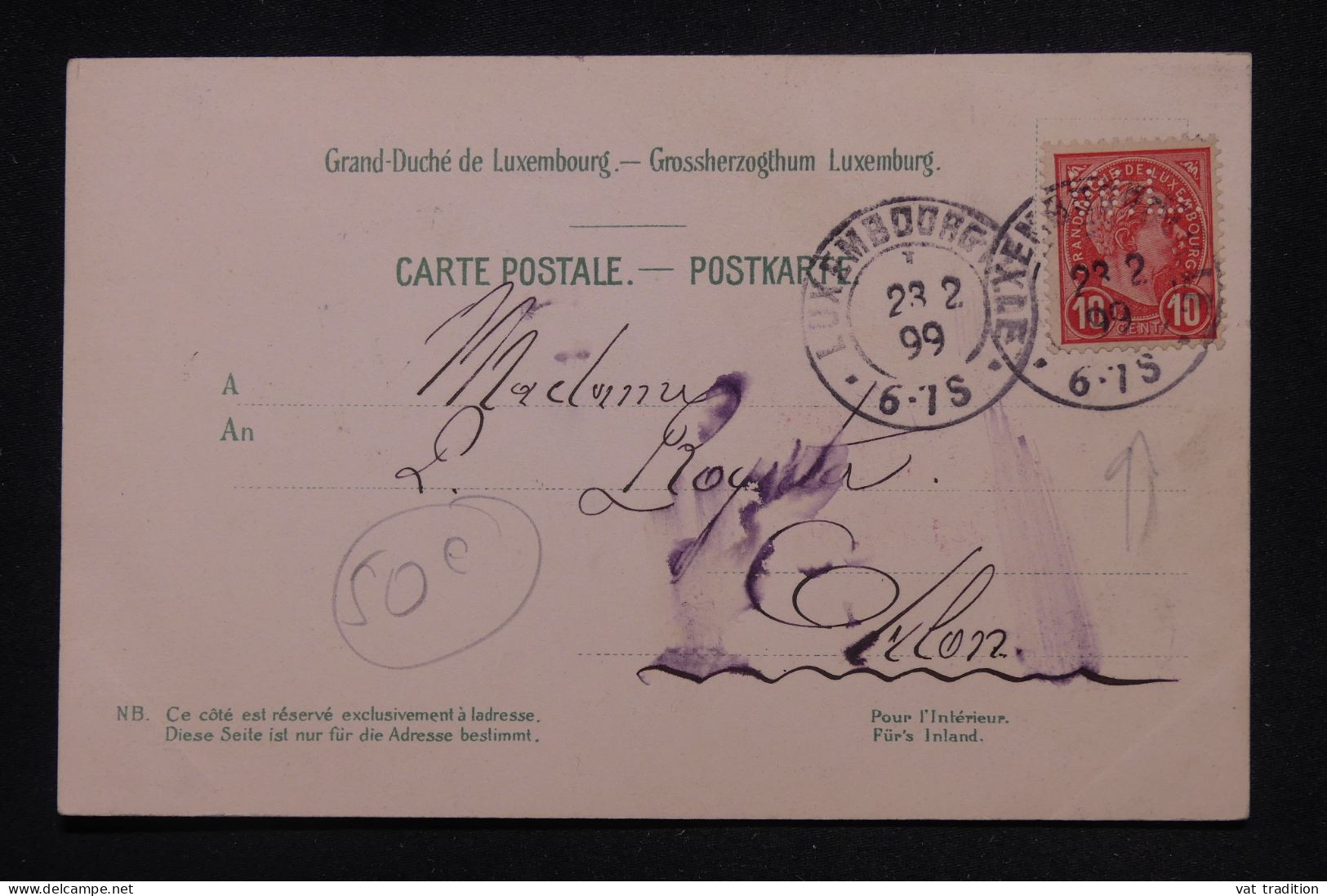 LUXEMBOURG - Perforé Sur Carte Postale ( Gendarmerie) En 1899 - L 147019 - 1895 Adolphe De Profil
