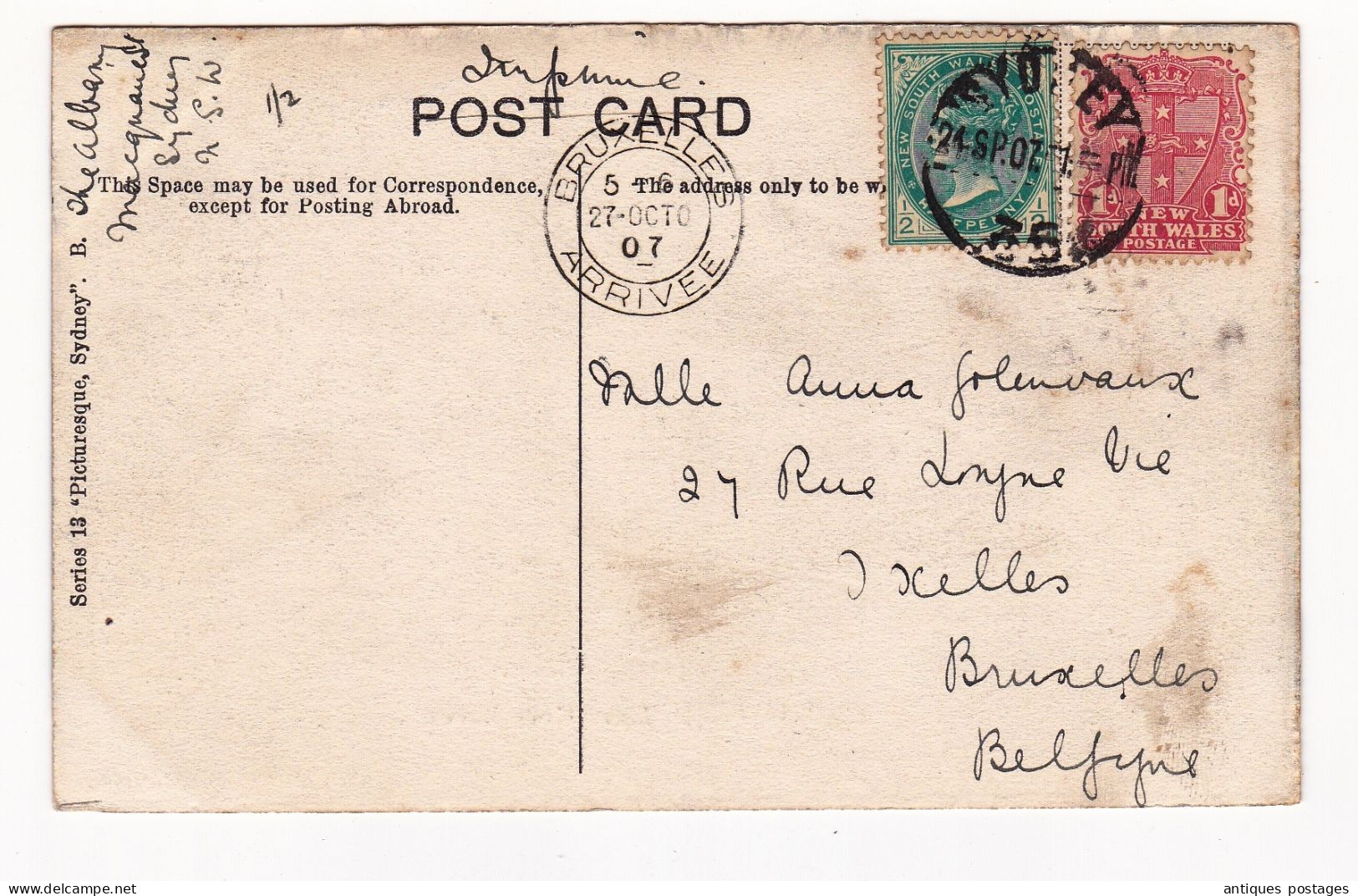 Post Card 1907 Sydney Australie Australia Fig Tree Point Lane Cover River Bruxelles Belgique Kerry & Co - Lettres & Documents