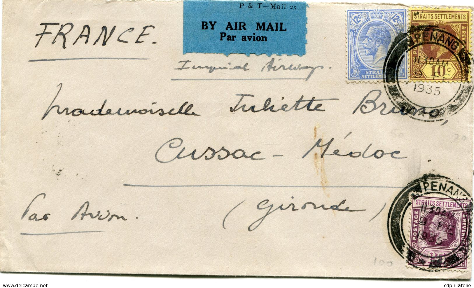 MALAISIE LETTRE PAR AVION DEPART PENANG 9 FE 1935 POUR LA FRANCE - Penang