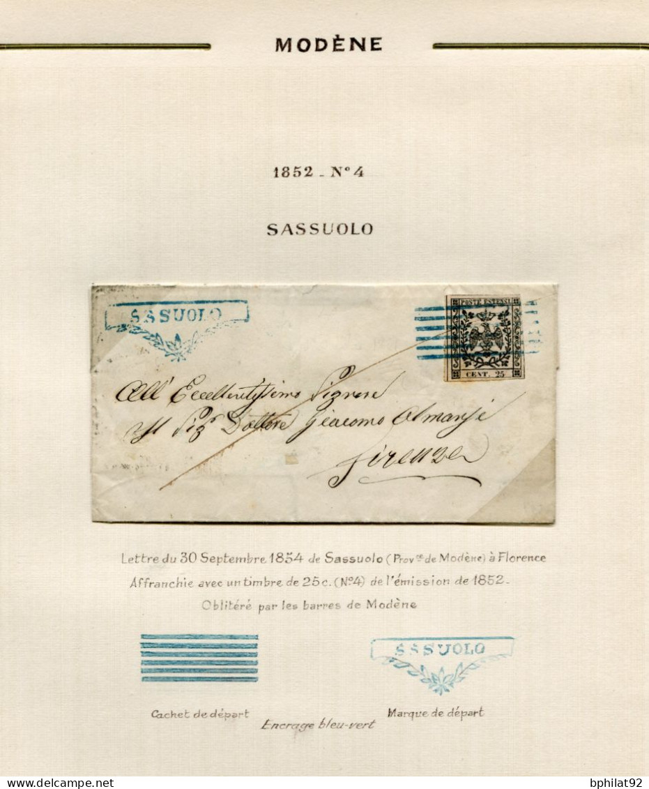 !!! ITALIE, MODENE, LETTRE DE SASSUOLO DE 1854 POUR FLORENCE - Modène