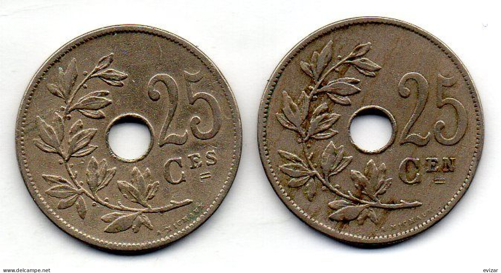 BELGIUM - Set Of Two Coins 25 Centimes, Copper-Nickel, Year 1909, 1908, KM # 62, 63, French & Dutch Legend - 25 Cents