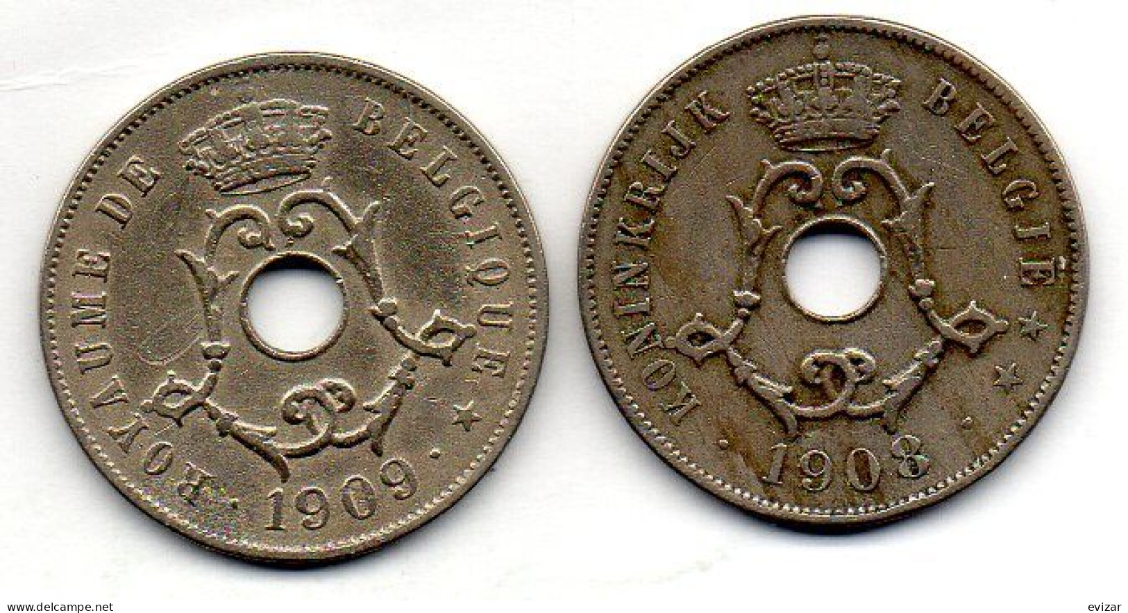 BELGIUM - Set Of Two Coins 25 Centimes, Copper-Nickel, Year 1909, 1908, KM # 62, 63, French & Dutch Legend - 25 Cent