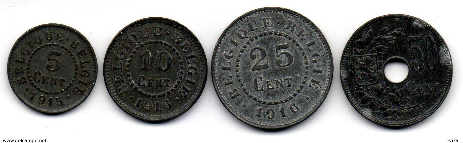 BELGIUM - GERMAN OCCUPATION WWI - Set Of Four Coins 5, 10, 25, 50 Centimes, Zinc, Year 1915-18, KM # 80, 81, 82, 83 - Unclassified