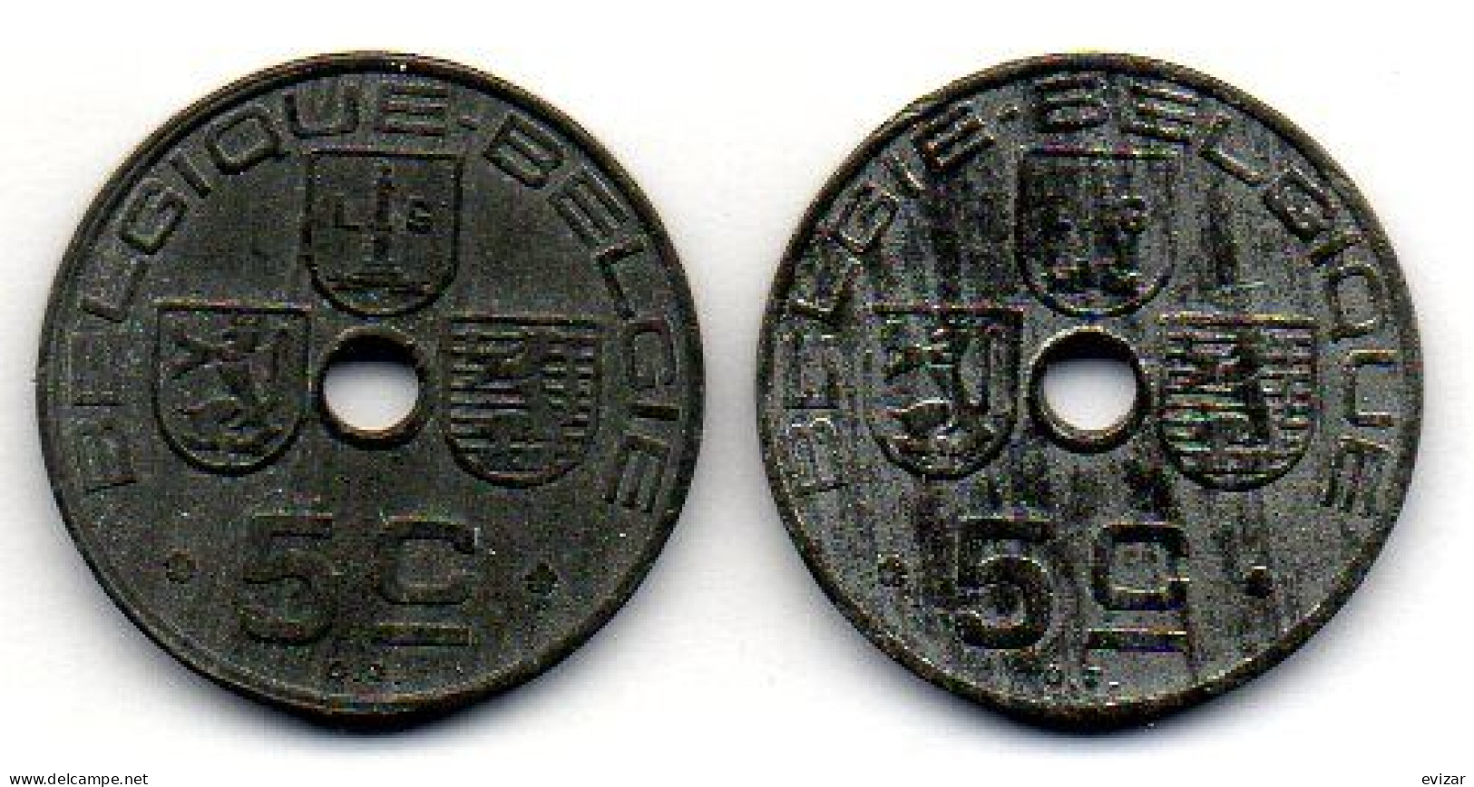 BELGIUM - GERMAN OCCUPATION WWII - Set Of Two Coins 5 Centimes, Zinc, Year 1942-43, KM # 123, 124, French & Dutch Legend - 5 Cent