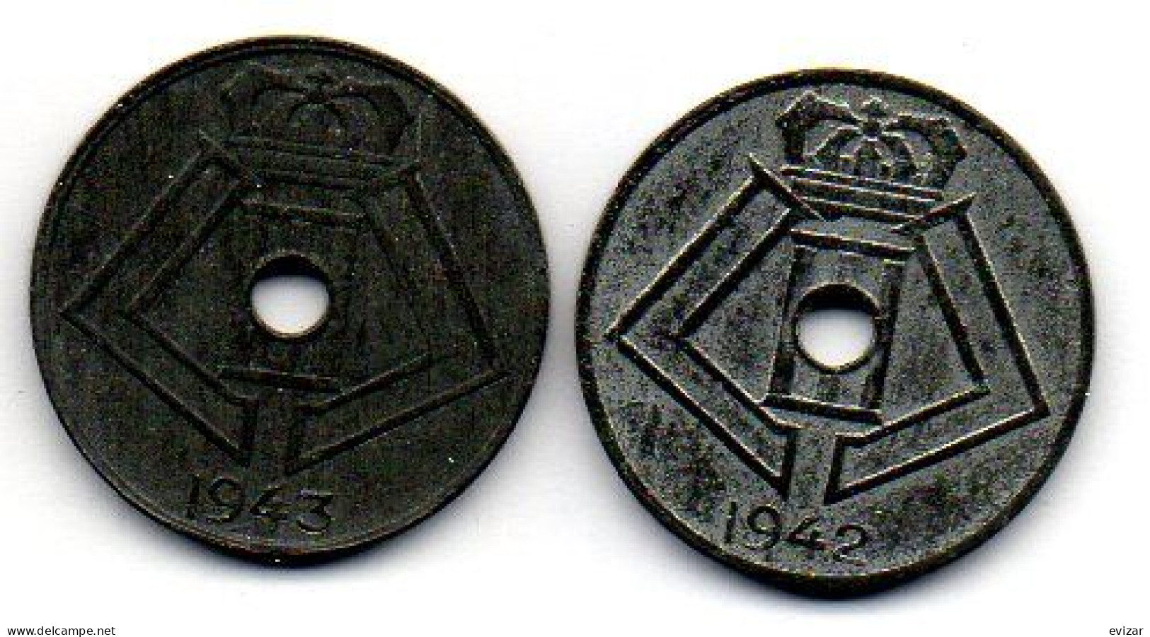 BELGIUM - GERMAN OCCUPATION WWII - Set Of Two Coins 5 Centimes, Zinc, Year 1942-43, KM # 123, 124, French & Dutch Legend - 5 Centimos